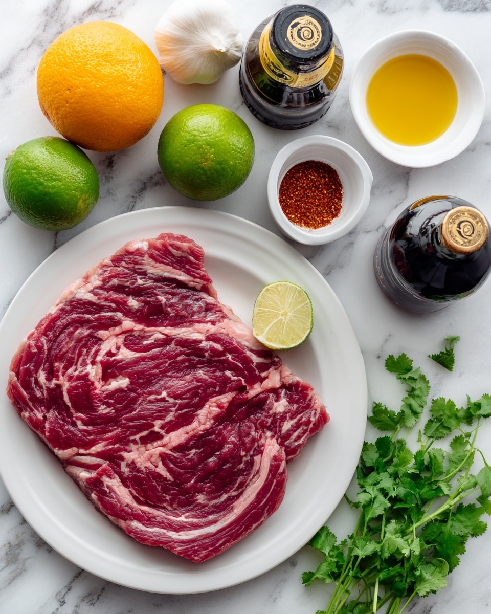The image shows a white plate with a large piece of raw red meat on it, placed on a white marbled surface. Around the plate, there are three limes, one orange, one white onion, a small bulb of garlic, a bottle of dark soy sauce with a label, a small white bowl with red powdered spice, another small white bowl with light yellow liquid, and a small bunch of fresh green cilantro leaves. Everything is spread out neatly on the surface. photo taken with an iphone --ar 4:5 --v 7