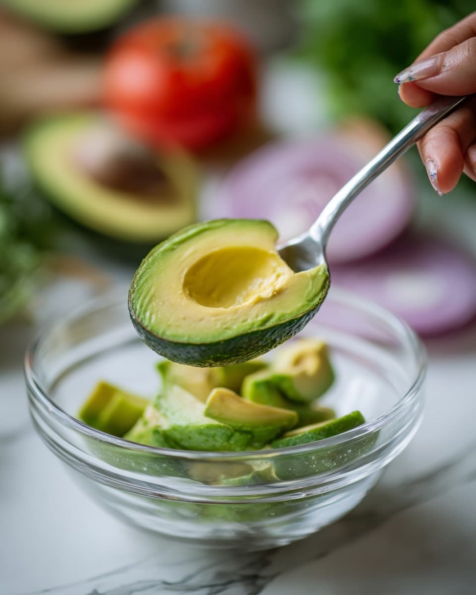 A close-up of a woman's hand holding half of a green avocado with its yellow-green soft flesh partly scooped out by a metal spoon, positioned above a clear glass bowl containing additional avocado pieces of similar color and texture. The scene has a blurred background with a mix of green leafy vegetables, red tomato, and a slice of red onion visible. The setup rests on a white marbled surface. photo taken with an iphone --ar 4:5 --v 7