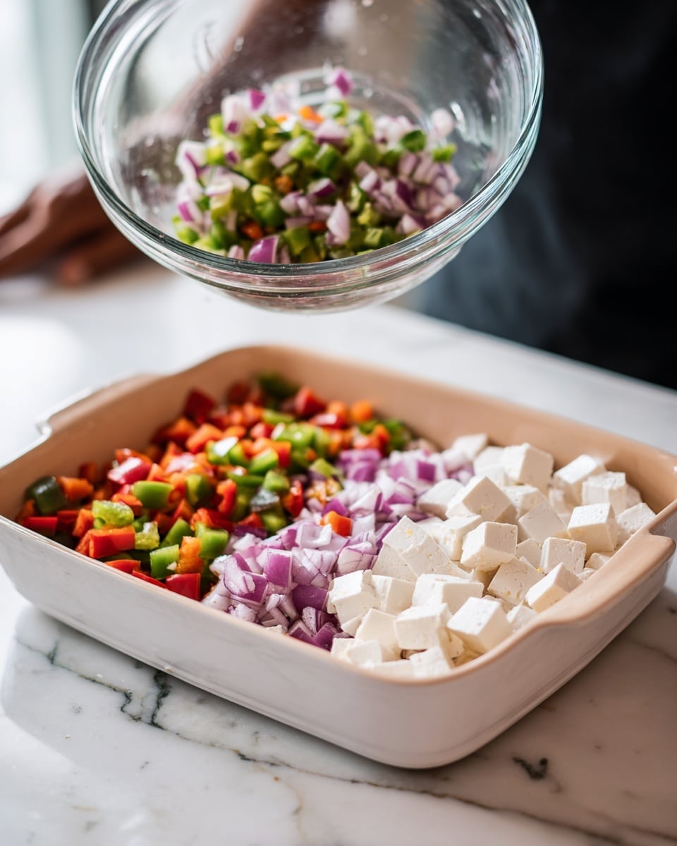 A white rectangular baking dish sits on a white marbled surface. Inside, on the left side, there is a colorful layer of chopped red and green peppers mixed with small pieces of purple onion, creating a fresh and vibrant mix. On the right side, there are small white tofu cubes stacked loosely. Above the dish, a clear glass bowl held by a person wearing dark clothes is tilted, pouring more chopped peppers and onions into the dish. Photo taken with an iphone --ar 4:5 --v 7