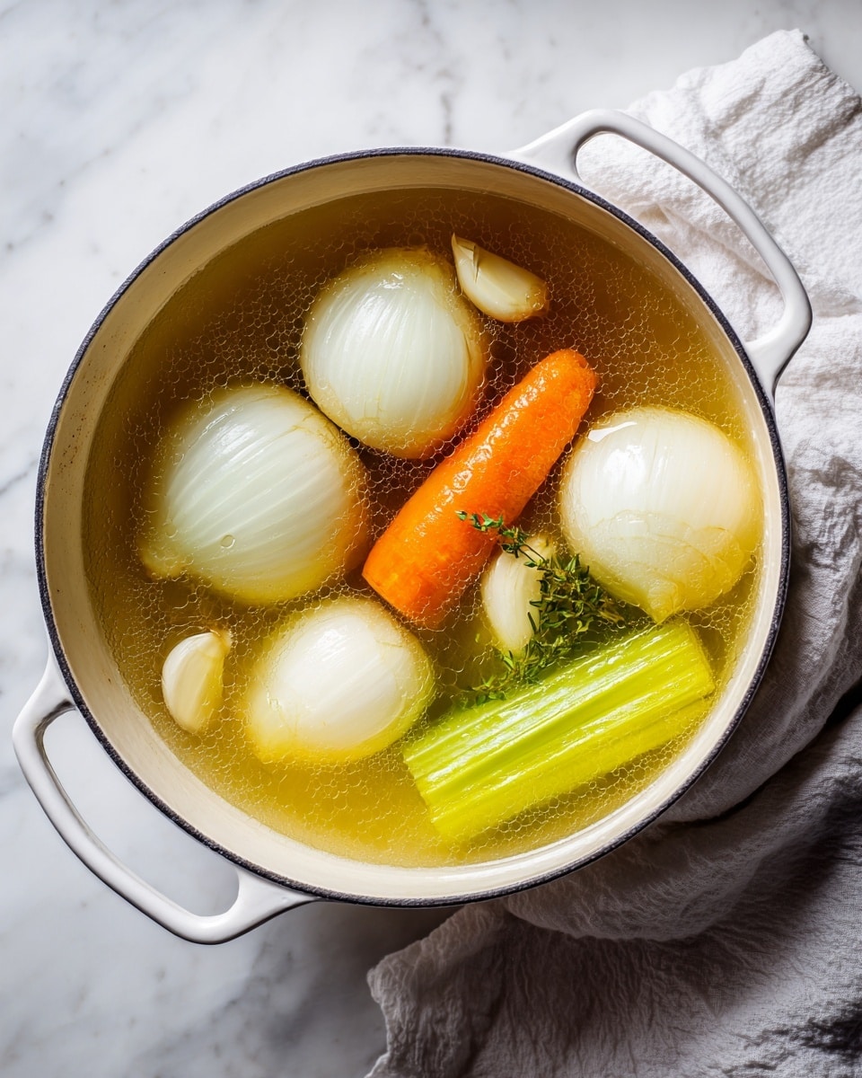A white pot filled with a clear golden broth containing whole peeled white onions, a single short orange carrot piece, two pale green leek sections, and three small peeled garlic cloves. The pot is placed on a white marbled surface with a white cloth folded beside it. The broth looks warm and clear, showing the simple, large vegetable pieces floating evenly across the surface. photo taken with an iphone --ar 4:5 --v 7