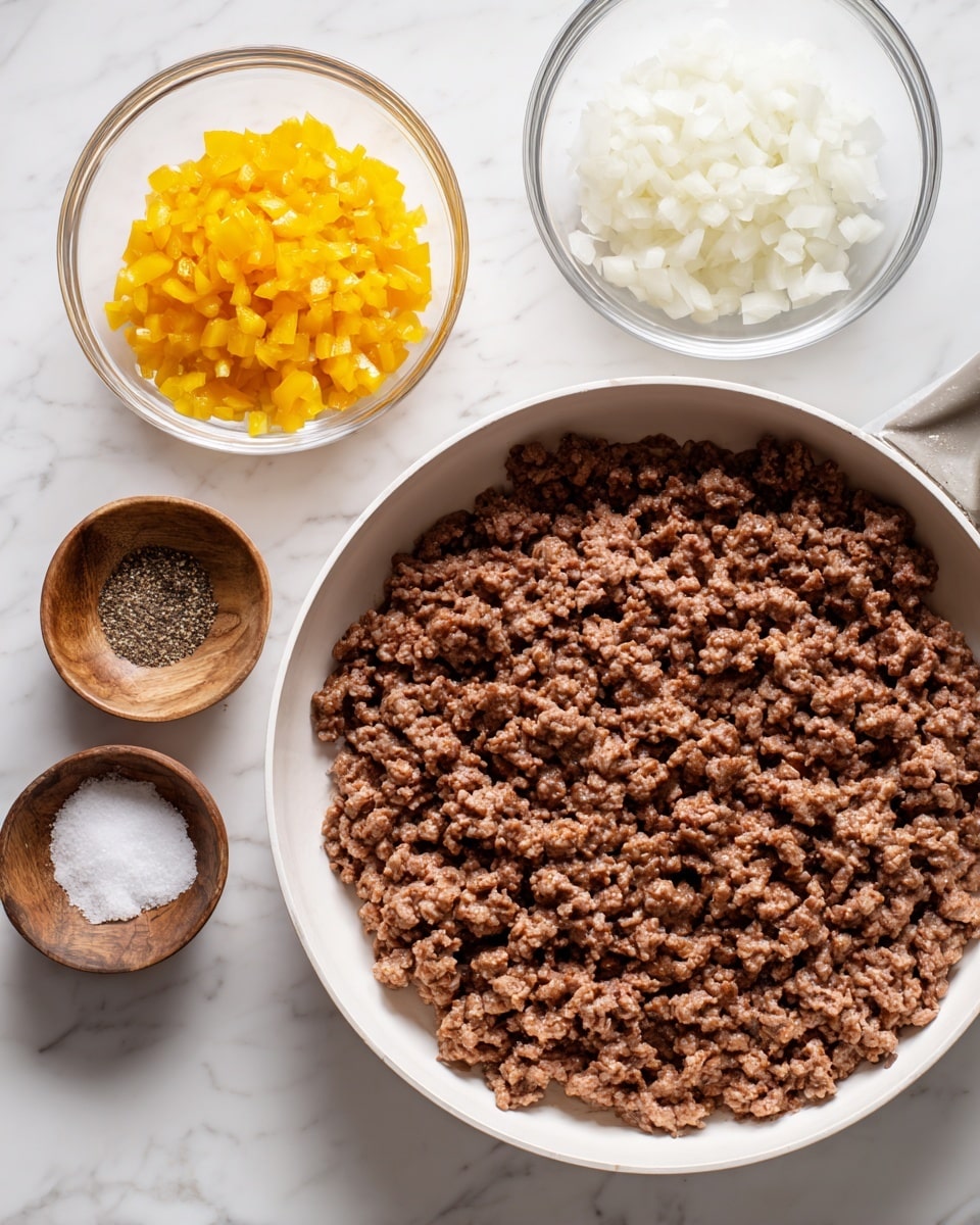 A white pan holds one layer of cooked ground beef, brown and crumbly with some oil shining around it. Above the pan, there are two clear glass bowls, one filled with small yellow bell pepper pieces and the other with white chopped onions. Below the pan, two small wooden bowls display white salt and black pepper. All items are placed on a white marbled surface. Photo taken with an iphone --ar 4:5 --v 7