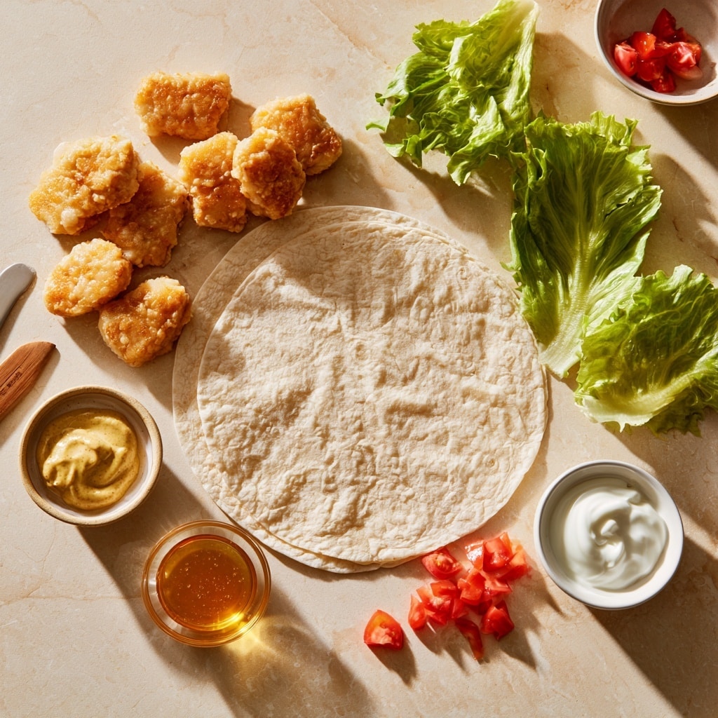 A tortilla wrap is cut in half, showing three main layers inside. The first layer is light tan cooked chicken pieces with some sauce on top, placed at the bottom inside the wrap. Above the chicken, there are small red tomato pieces adding bright color. The top layer is fresh green lettuce, slightly sticking out of the wrap. The wrap itself is light beige with a few small brown toasted spots. The wrap halves sit on a wooden board, with a whole red tomato and more green lettuce leaves in the background. The surface below the board has a white marbled texture, and a blue and white cloth is partially visible. Photo taken with an iphone --ar 4:5 --v 7