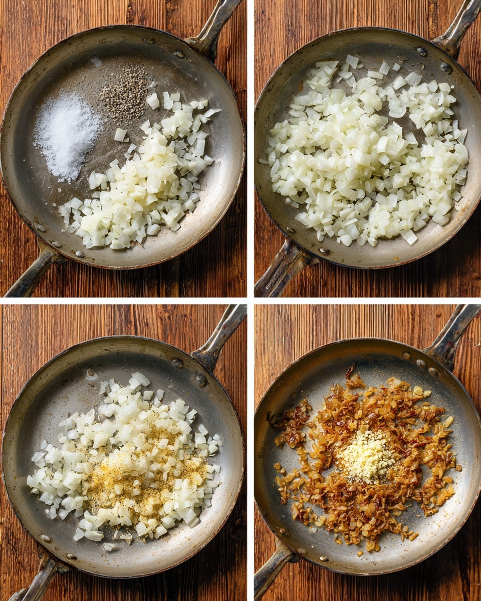 The image shows four stages of cooking diced onions in a metal pan on a wooden surface. In the first stage, the pan contains raw white diced onions with a pile of salt and some black pepper on one side. In the second stage, the onions have turned translucent with a soft texture, spread evenly in the pan. The third stage shows the onions browned and crispy, scattered across the pan. In the final stage, the browned onions are mixed with two light piles of minced garlic or similar seasoning, starting to cook in the hot pan. photo taken with an iphone --ar 4:5 --v 7