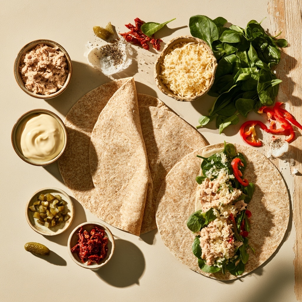 A white tortilla on a wooden board is topped with several layers of ingredients in the center. The bottom layer is bright green leafy spinach, followed by a creamy beige chicken salad mixed with bits of red tomato pieces. On top of this is a generous pile of shredded pale yellow cheese. The tortilla has light brown toasted spots, and the scene is set on a white marbled surface. Photo taken with an iphone --ar 4:5 --v 7