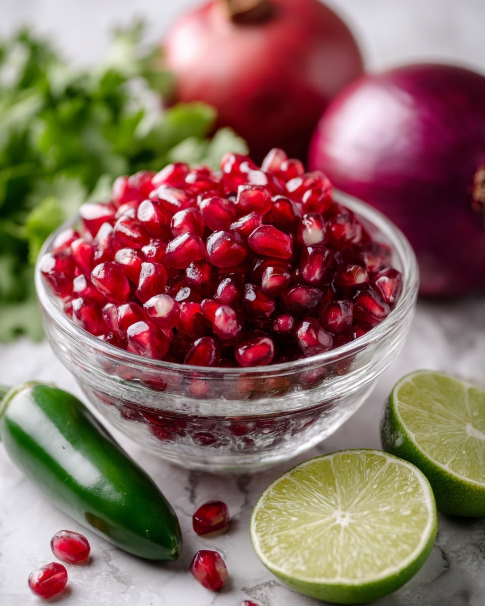 A clear glass bowl filled with bright red pomegranate seeds sits in the center on a white marbled surface. Around the bowl, there are bright green cilantro leaves on the left, a whole green jalapeño pepper on the right, and two lime halves in front, showing their juicy pale green insides. In the blurred background, there is a whole red onion on the right and a whole pomegranate on the left. The colors are vibrant with red, green, and purple standing out clearly. Photo taken with an iphone --ar 4:5 --v 7