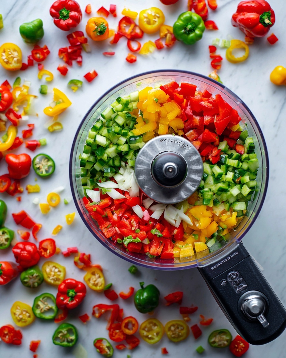 A clear food processor bowl filled with chopped vegetables and peppers in red, green, yellow, and white colors arranged in various shapes, with the sharp metal blade in the center. Around the bowl, a mix of small whole red, green, and yellow peppers are scattered on a white marbled surface, creating a vibrant and fresh look. The handle of the food processor is black and positioned on the right side. photo taken with an iphone --ar 4:5 --v 7