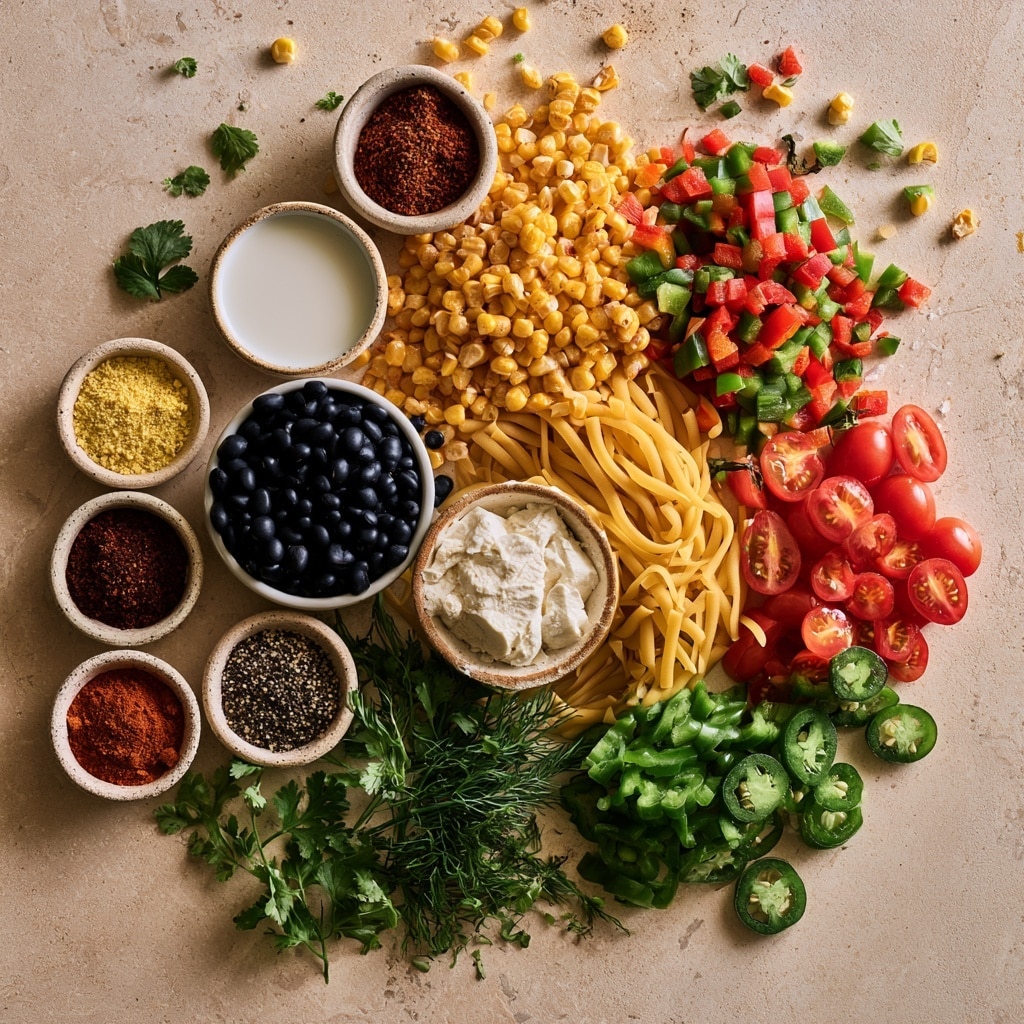 A white bowl filled with a creamy pasta salad containing short, spiral pasta coated in a light sauce. Mixed in are bright red halved cherry tomatoes, small black beans, yellow corn kernels, and chunks of green bell pepper. The salad is topped with small green herb pieces sprinkled throughout. A silver spoon is placed inside the bowl on the right side. The bowl is set on a white marbled surface photo taken with an iphone --ar 4:5 --v 7