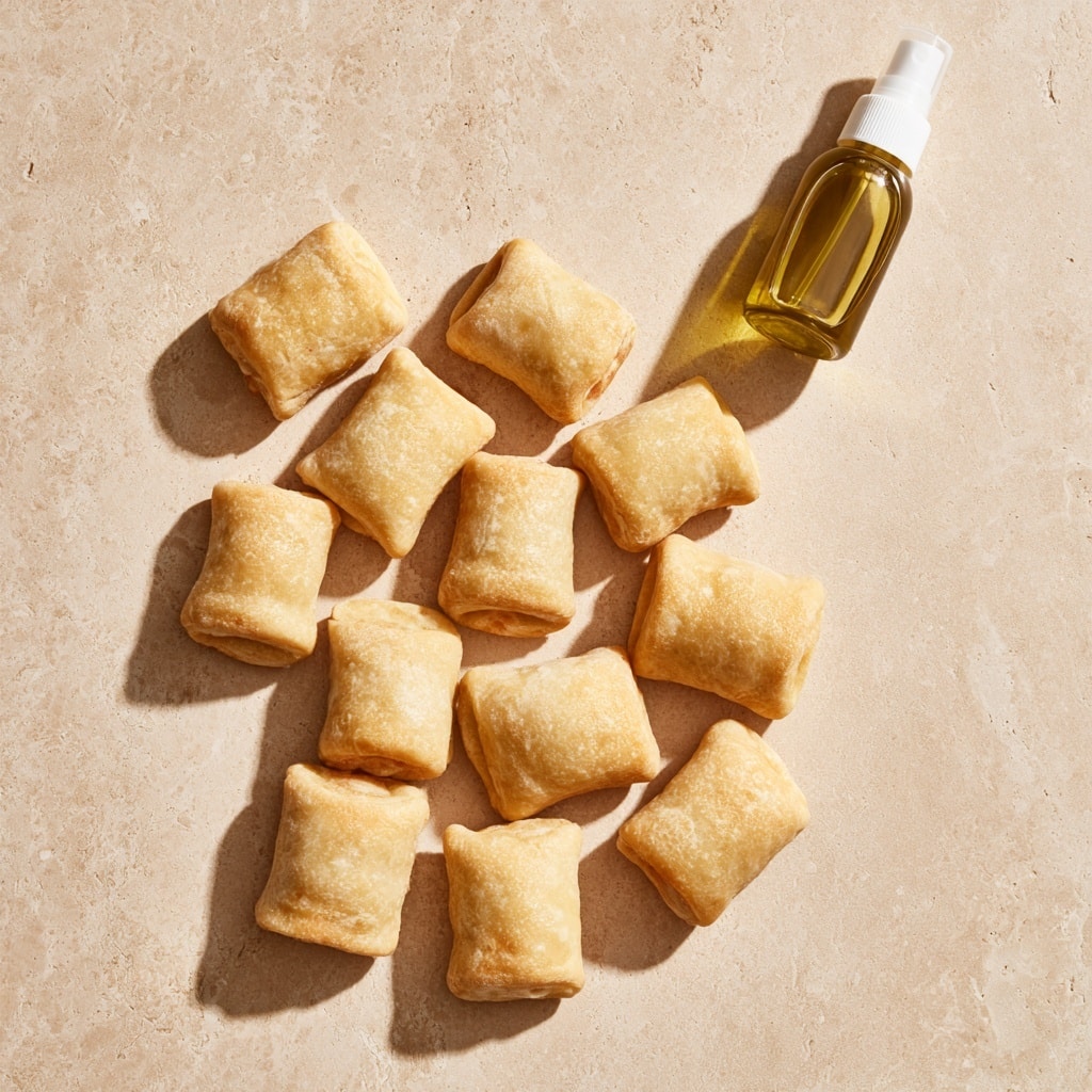Inside a black round air fryer basket, there are twelve small rectangular pastries with slightly puffed, golden-brown crispy outer layers. They are spread evenly in a circular pattern along the basket's base, showing a smooth texture with some light browning on the edges. The air fryer basket has a perforated bottom allowing for air circulation. The whole setup rests on a white marbled surface. Photo taken with an iphone --ar 4:5 --v 7