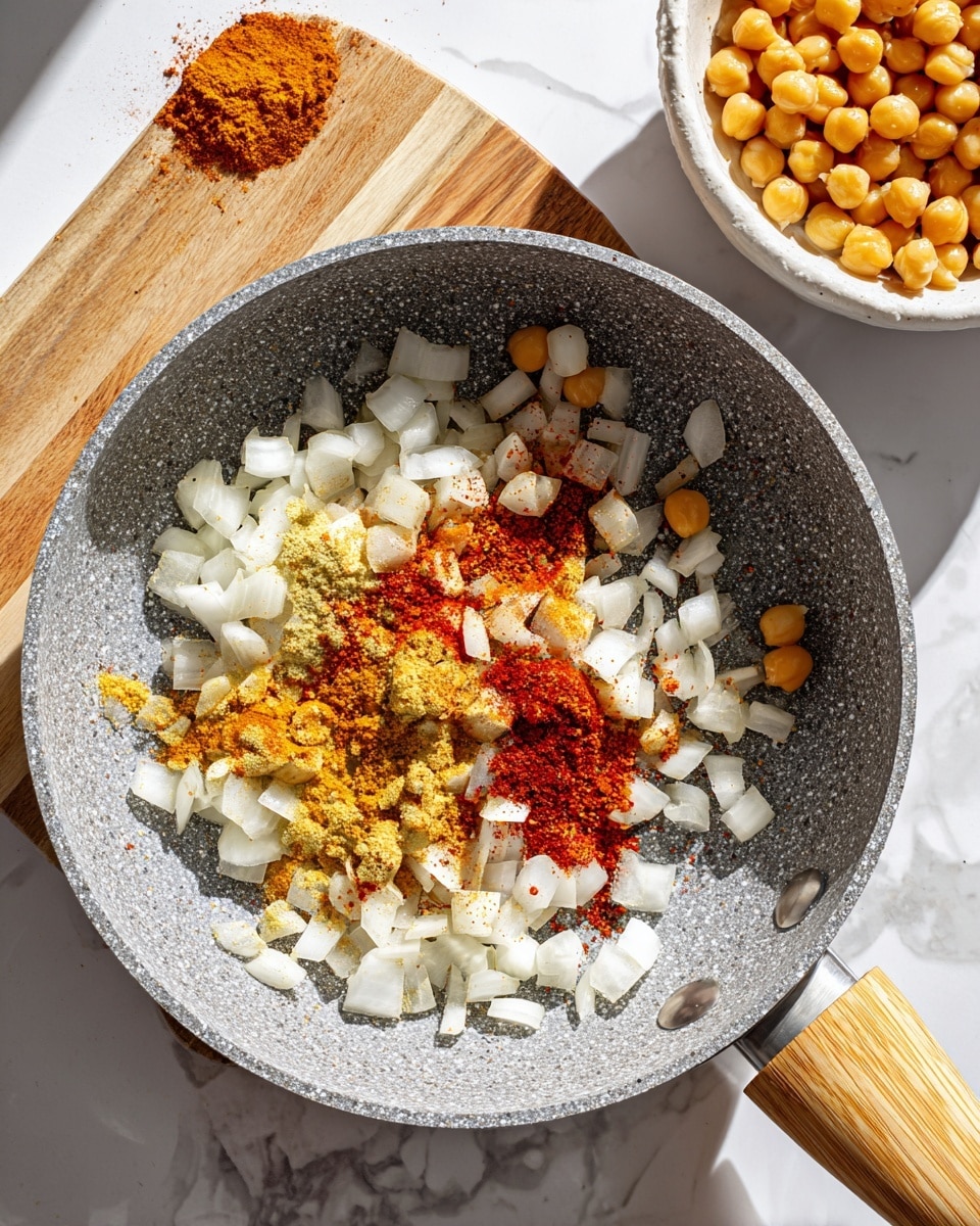 A grey speckled pan with light wooden handles contains diced white onions spread evenly as the base layer. On top of the onions, bright red spices are scattered in patches along with a light yellow spice powder, creating a colorful contrast on the onion pieces. To the upper right, a white bowl filled with whole chickpeas is partly visible on a white marbled surface. The scene is brightly lit and clean. photo taken with an iphone --ar 4:5 --v 7
