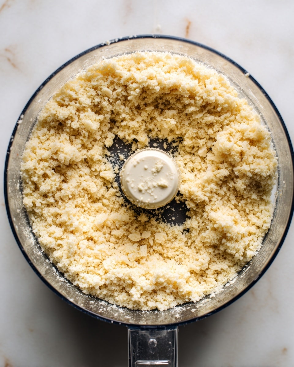 A close-up top view of a transparent food processor bowl filled with a grainy, light yellow mixture covering the blade and sides. The mixture has a rough, crumbly texture and is spread unevenly inside the bowl. The background is a white marbled surface with part of the food processor base visible at the lower edge of the image. Photo taken with an iphone --ar 4:5 --v 7