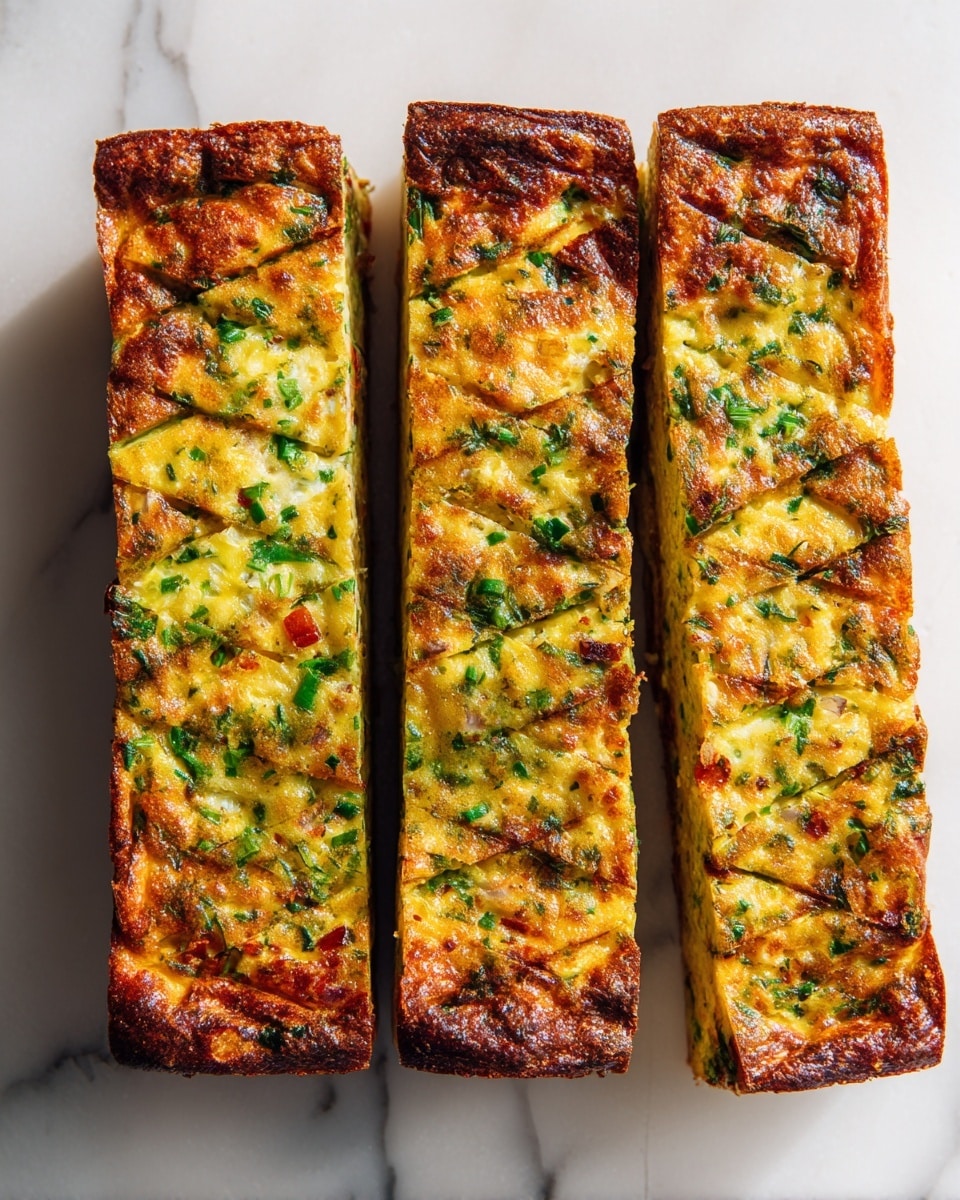 Four long rectangular pieces of a baked dish are placed side by side on a white marbled surface. Each piece has a golden brown top with visible green herbs and small bits of red and white ingredients mixed evenly throughout. The tops show a textured, slightly crispy look with shallow diagonal cuts creating several sections on each piece. The edges of the pieces are slightly browned, indicating they are well cooked photo taken with an iphone --ar 4:5 --v 7