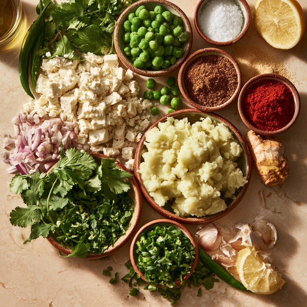 The dish is in a large white speckled plate on a white marbled surface. It has one main visible layer made up of a mix of small, white crumbled pieces that look soft. On top, there are different spices and herbs spread out: green chopped leaves, bits of purple onion, fine yellow powder, bright orange bits, and dark brown specks, all gathered mainly in the center with some spread out towards the edges. The colors and textures create a natural, fresh, and slightly rustic look. photo taken with an iphone --ar 4:5 --v 7