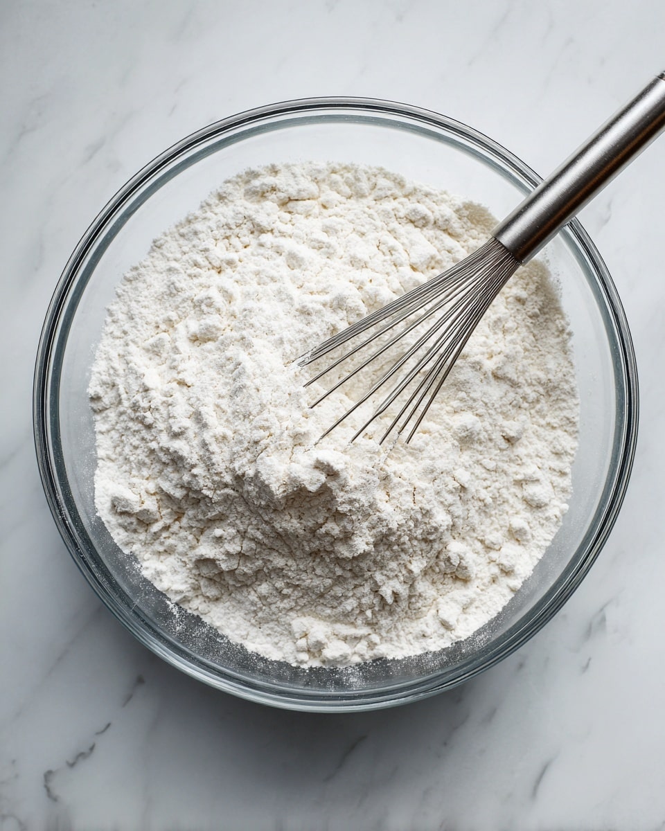 A clear glass bowl holds a large pile of fine white flour with a soft powdery texture, unevenly mounded in the center. Resting on the edge of the bowl is a metal whisk with thin wires, partially buried in the flour, suggesting mixing is about to start or is in progress. The bowl sits on a white marbled surface that contrasts with the light texture of the flour. The photo has a close-up view that captures the details of the small clumps and smooth areas of the flour near the edges of the bowl. photo taken with an iphone --ar 4:5 --v 7