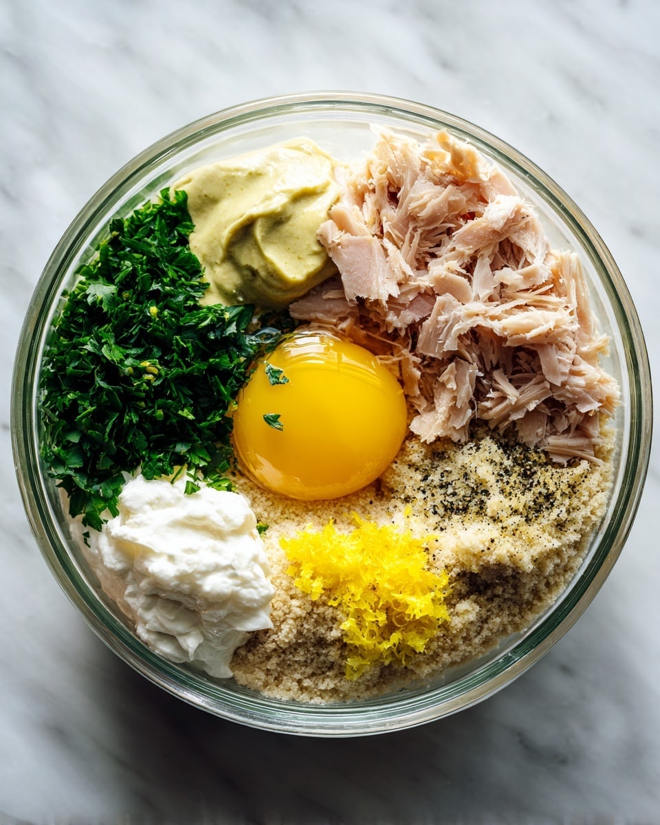 A clear glass bowl sits on a white marbled surface, filled with separate layers of ingredients before mixing. There is a whole raw egg yolk in the center, surrounded by bright green chopped herbs on the left, pale yellow mustard dolloped near the top, and shredded light pink tuna flakes on the top right. Below the tuna are beige crumbs with black pepper sprinkled over them. A creamy white mayo-like substance sits near the bottom left. A small pile of yellow lemon zest is placed near the egg yolk, adding a pop of color. The textures range from smooth and creamy to crumbly and flaky, all visible clearly in the bowl photo taken with an iphone --ar 4:5 --v 7