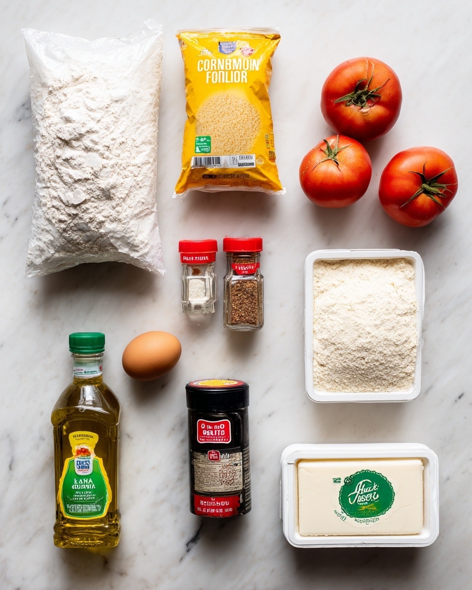 The image shows a collection of cooking ingredients arranged on a white marbled surface. There is a tall white bag of all-purpose flour on the upper left, next to a yellow paper bag of cornmeal in the center top. Three tomatoes, two reddish and one green, are placed to the right. Below the flour and cornmeal are two small spice jars with red caps labeled onion powder and garlic powder, with a brown egg between them. At the bottom left is a clear plastic bottle of canola oil with a green cap, next to a white rectangular block of butter in its wrapper. In the center bottom is a black cylindrical container of panko bread crumbs with a red label. On the bottom right is a white plastic tub of butter with a green cap. The items are spread out evenly with clear visibility of labels and textures. photo taken with an iphone --ar 4:5 --v 7