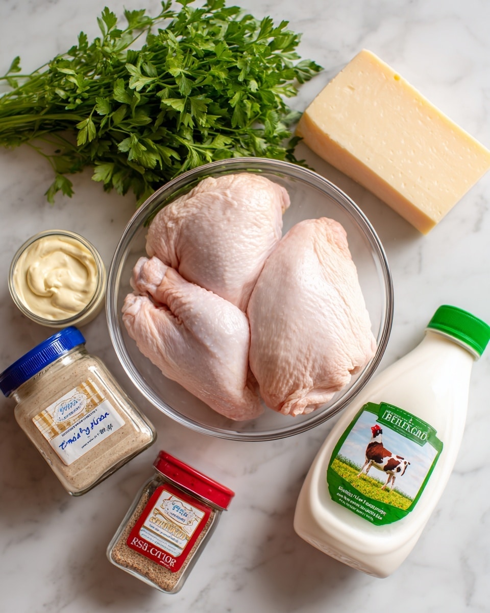 A clear glass bowl holds two large raw chicken pieces with pale pink skin and smooth texture, placed on a white marbled surface. To the right, a wedge of pale yellow Parmesan cheese rests standing upright. Above it, there is a fresh bunch of green parsley with vibrant leaves. On the bottom left, a jar of creamy light yellow mayonnaise with a blue lid is visible. Next to it, two small clear spice jars with red lids contain onion powder and garlic powder, showing fine brownish powders inside. To the bottom right, a white plastic bottle of buttermilk with a green cap and colorful label featuring a cow is placed. In front, a small rectangular red and beige spice box labeled hot paprika lies flat. photo taken with an iphone --ar 4:5 --v 7