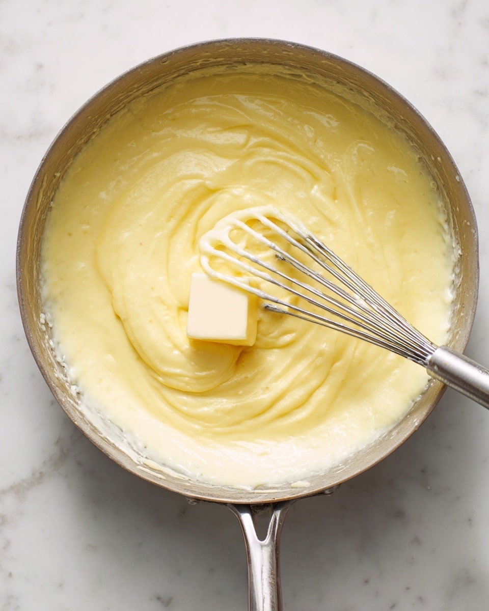 A close-up view inside a metal pan showing a creamy yellow mixture with a smooth and thick texture. The mixture is being stirred with a metal whisk resting in the pan, its wires coated in the mixture. On top of the mixture, there is a small square of pale yellow butter melting into the soft base. The pan is set on a white marbled surface. photo taken with an iphone --ar 4:5 --v 7