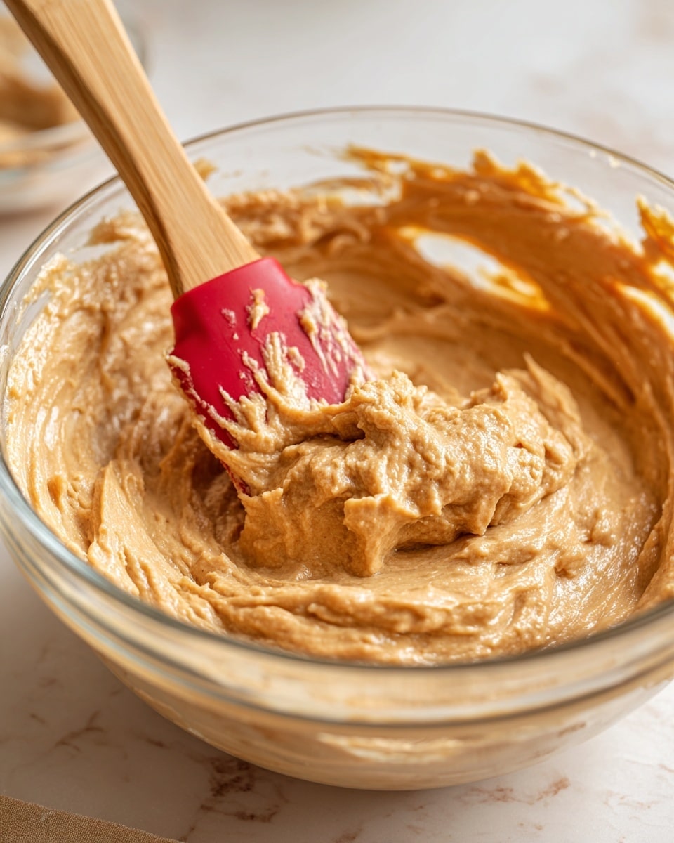 The image shows a clear glass bowl filled with a thick, creamy, light brown mixture with a slightly lumpy texture. A wooden spatula with a red silicone head is partially dipped into the mixture, with some of the mixture sticking to it. The bowl is placed on a white marbled surface, and the background is softly blurred. The scene looks like a kitchen setting with soft warm lighting. photo taken with an iphone --ar 4:5 --v 7