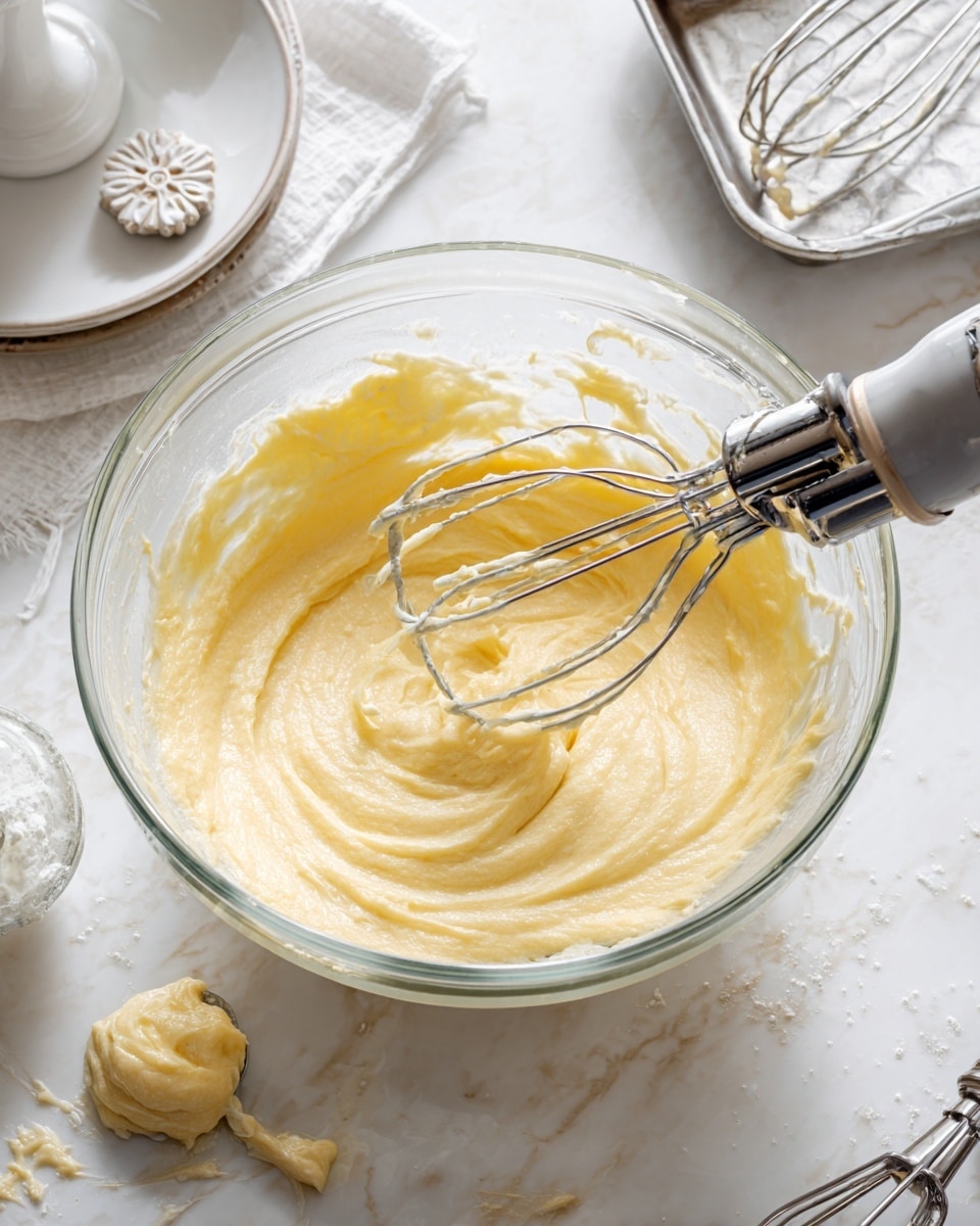 A clear glass mixing bowl holds a smooth, pale yellow batter with a creamy texture, partially swirled by the beaters of a silver electric mixer resting inside the bowl. The bowl sits on a white marbled textured surface, with some batter clinging lightly to the sides and a small dollop outside the bowl near the edge. In the background, there is a silver baking pan and a glimpse of a white plate with some decoration. photo taken with an iphone --ar 4:5 --v 7