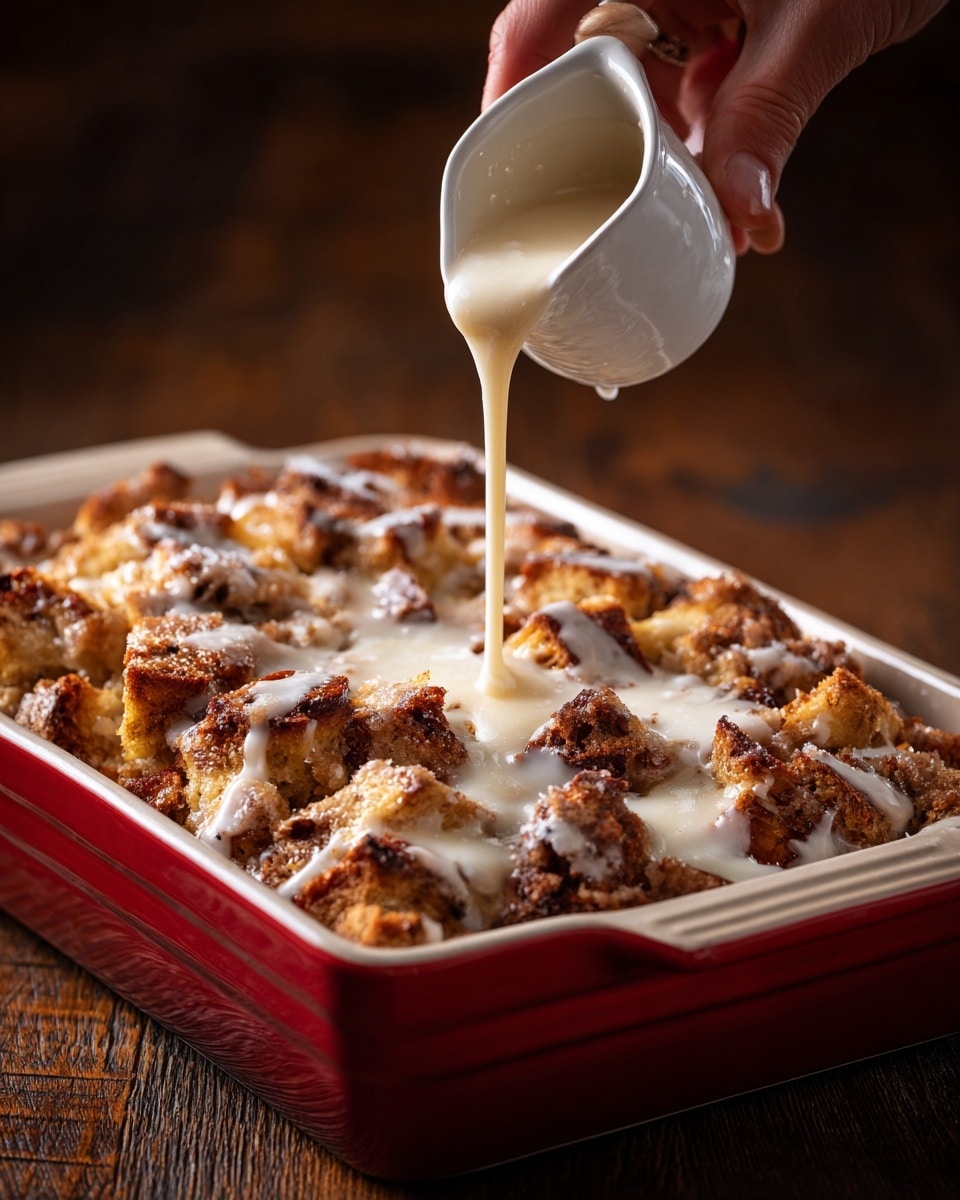 A white rectangular baking dish with red handles is filled with a layer of small, uneven square pieces of golden brown, toasted bread pudding that have a rough textured surface on top. A woman's hand holding a small white cup pours a white glaze over the warm bread pieces, creating a shiny and creamy coating that drips between the pieces. The dish sits on a dark wooden surface. photo taken with an iphone --ar 4:5 --v 7