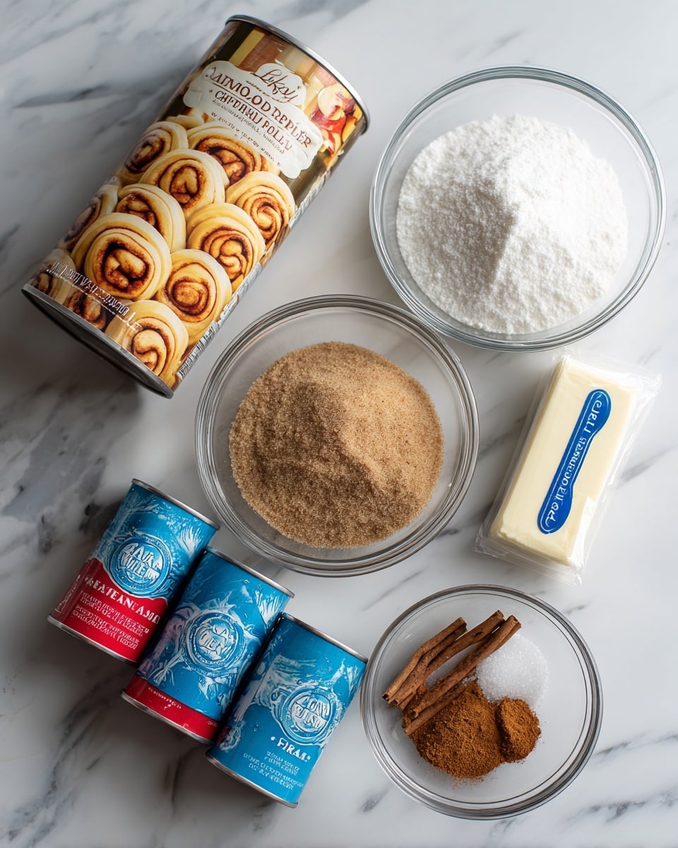 The image shows ingredients for cinnamon rolls arranged on a white marbled surface. There are three blue and red cans of cinnamon rolls in a row at the bottom left. Above them to the left is a can of Lucky Leaf Premium Apple fruit filling with a picture of apple pie on the label. In the center top is a clear glass bowl filled with light brown sugar and two small piles of cinnamon on top. To the right of it is a white butter stick with blue letters and next to that is another clear glass bowl containing white granulated sugar with two small piles of cinnamon on top. photo taken with an iphone --ar 4:5 --v 7