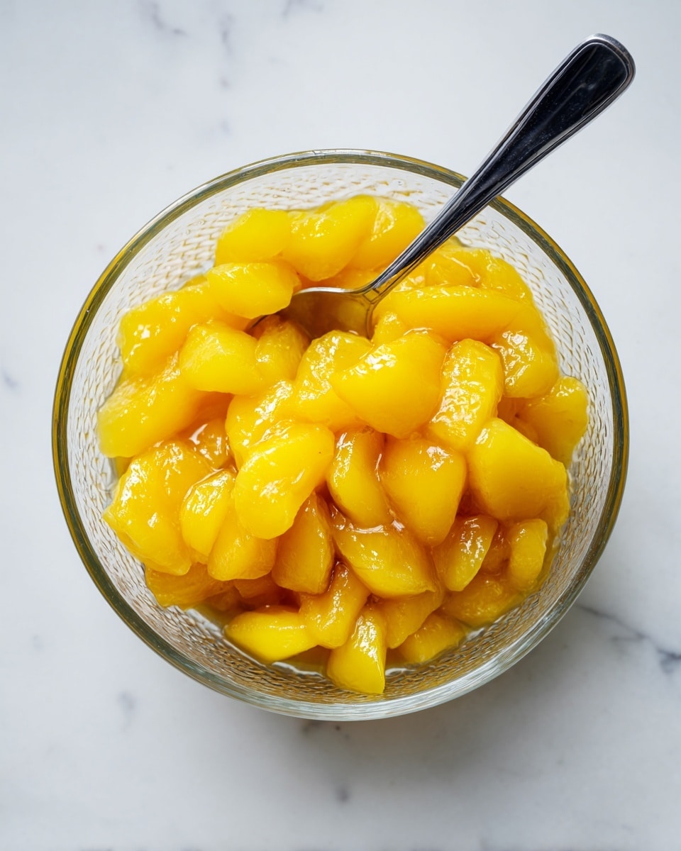 A clear glass bowl sits on a white marbled texture, filled with small, soft, yellow chunks of cooked fruit that look shiny and wet from syrup. A metal knife with a black handle rests inside the bowl, partially covered with the fruit mixture. The fruit pieces have a smooth, slightly translucent look showing their softness, and the bowl has a textured pattern on its surface. photo taken with an iphone --ar 4:5 --v 7