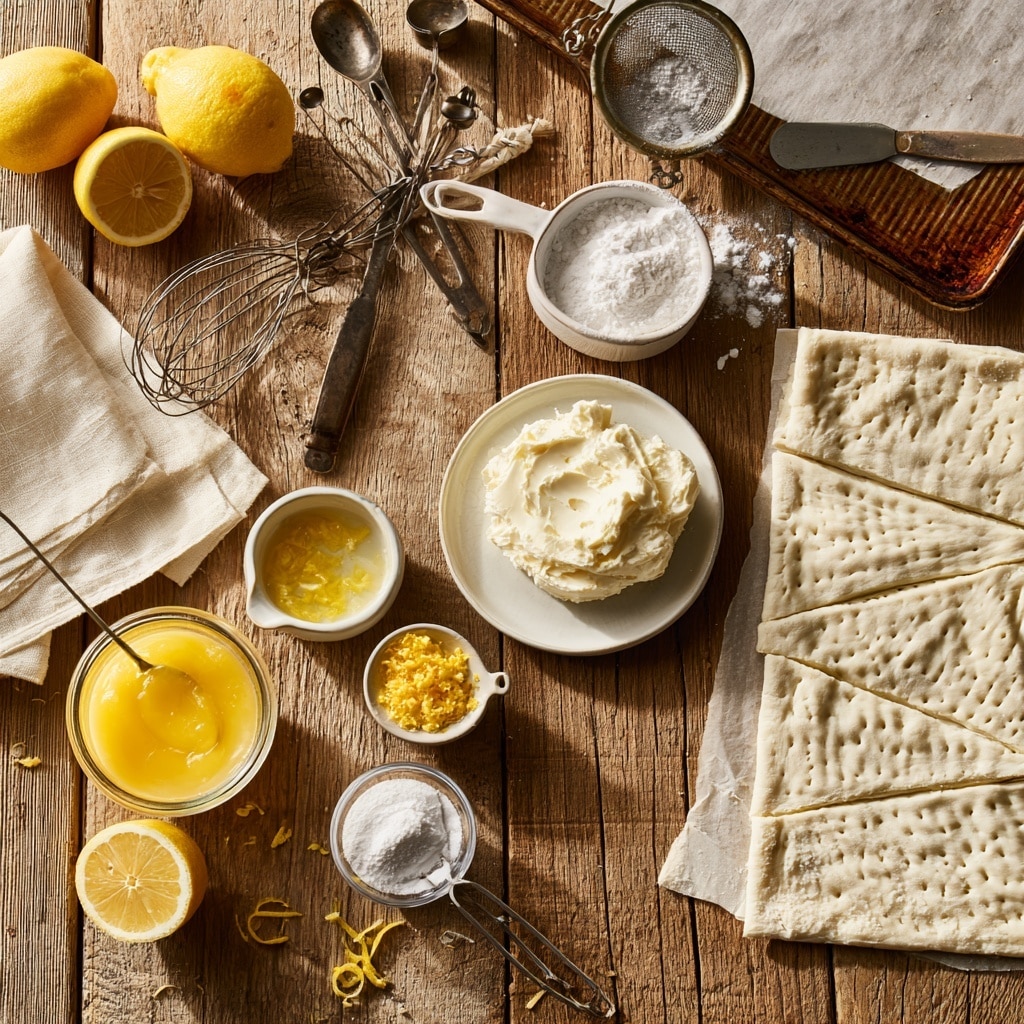 The first image shows a clear glass bowl with a block of cream cheese at the bottom, topped with some pale yellow soft spread and white powder on a white marbled surface. In the second image, the bowl now contains a smooth, creamy white mixture being whipped with a metal whisk, showing soft swirls and peaks. The third image shows several triangular dough pieces laid flat on a baking sheet covered with parchment paper on a white marbled surface, each topped with a dollop of the creamy white mixture near the wide end. The fourth image shows the same dough triangles rolled into small crescent shapes, spaced evenly on the baking sheet ready to bake. photo taken with an iphone --ar 4:5 --v 7