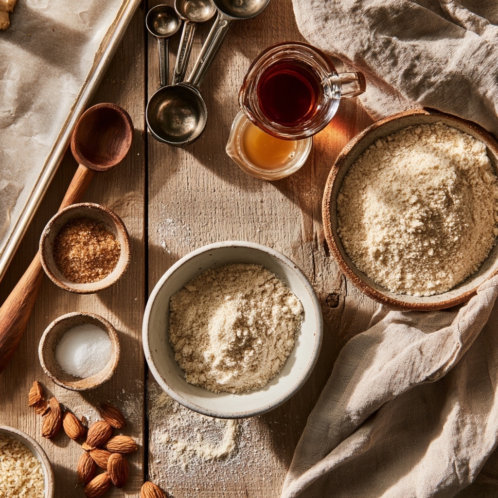The image shows a close-up of a white bowl filled with different dry ingredients layered in small piles. The bottom layer is pale beige flour. On top of this, there are four separate piles of powders: a light brown powder on the left, a darker brown powder just below it, a cluster of white granules slightly to the upper right, and a fine white powder to the right. A turquoise silicone spatula is partially stuck into the ingredients on the right side. The background is a white marbled surface with a soft pink and purple cloth blurred in the background. Photo taken with an iphone --ar 4:5 --v 7