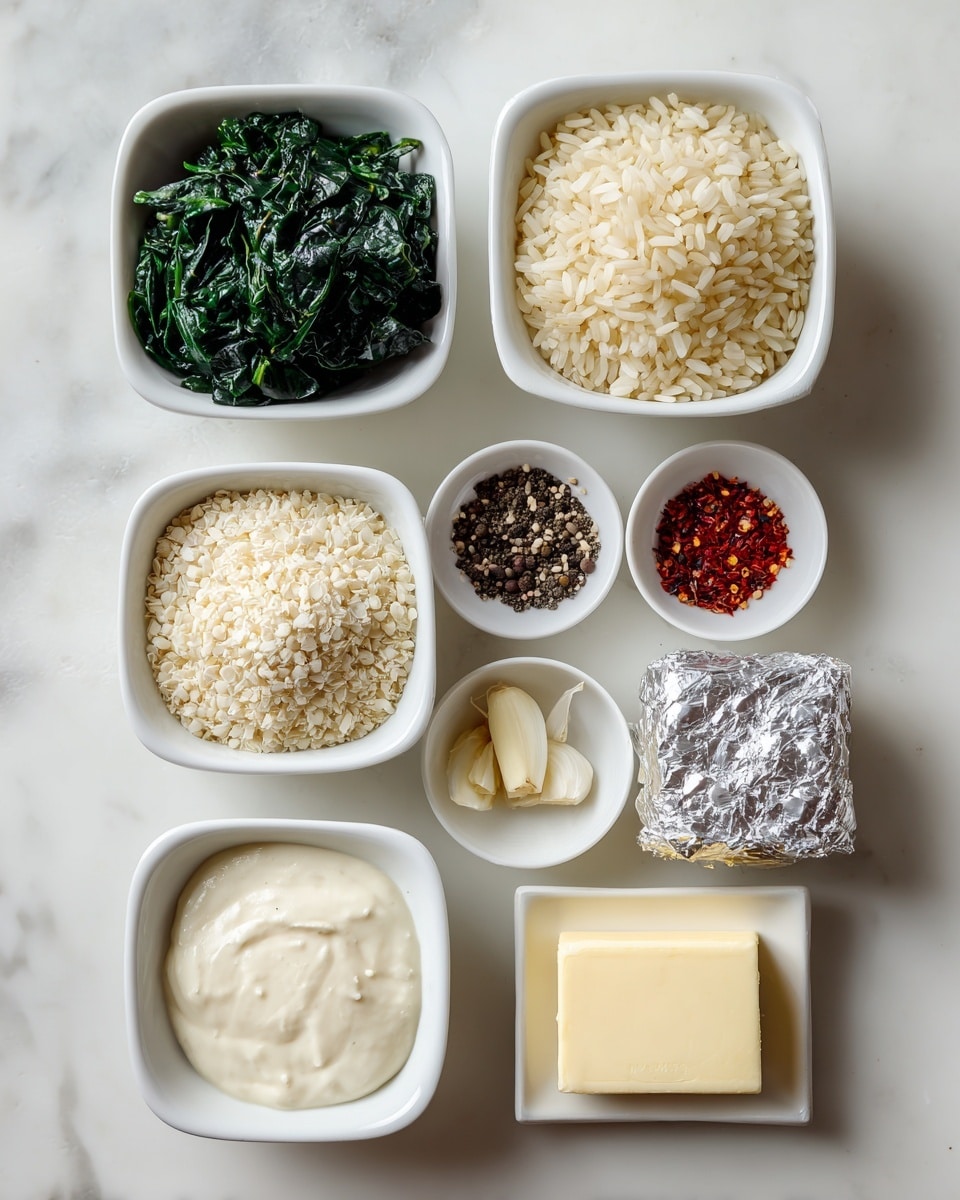 The image shows eight small white bowls and one white square block arranged neatly on a white marbled surface. The top row from left to right includes a bowl full of cooked dark green spinach, a bowl filled with pale yellow rice, a bowl with a smaller amount of the same rice but less pale, and a bowl containing black pepper and red spices. The bottom row contains a bowl with thick white sauce, a bowl with creamy white sauce, a bowl holding a small amount of minced garlic, and next to it a shiny silver foil-wrapped square and a pale yellow square block of butter. Photo taken with an iphone --ar 4:5 --v 7