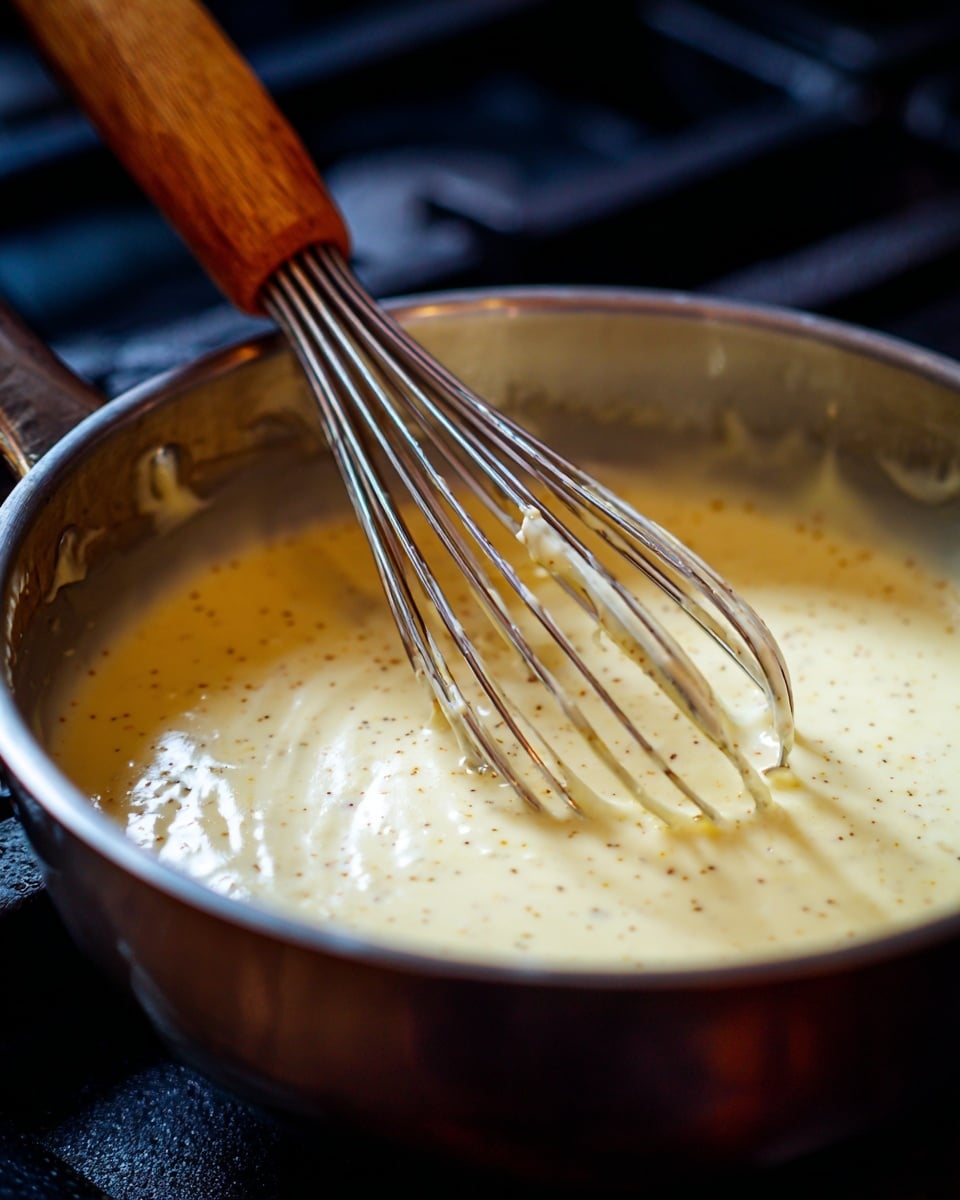 A close-up view of a metal pan on a stove with creamy sauce being mixed by a whisk. The sauce is pale yellow with small brown specks scattered over the surface. The whisk has shiny metal loops and a brown wooden handle resting slightly above the pan with some sauce lightly catching the light, showing smooth and thick texture. The stove background is dark, contrasting with the bright sauce inside the pan. Photo taken with an iphone --ar 4:5 --v 7