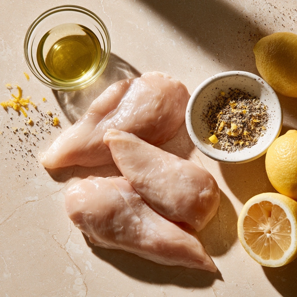 Three raw chicken pieces are placed side by side in a white rectangular ceramic dish on a white marbled surface. A woman's hand holds a white basting brush, applying oil or marinade onto the middle chicken piece, creating a shiny texture. A bottle of oil with a green label sits on the top right corner of the scene. The overall lighting is bright with soft shadows, and the focus is on the chicken and brush. photo taken with an iphone --ar 4:5 --v 7
