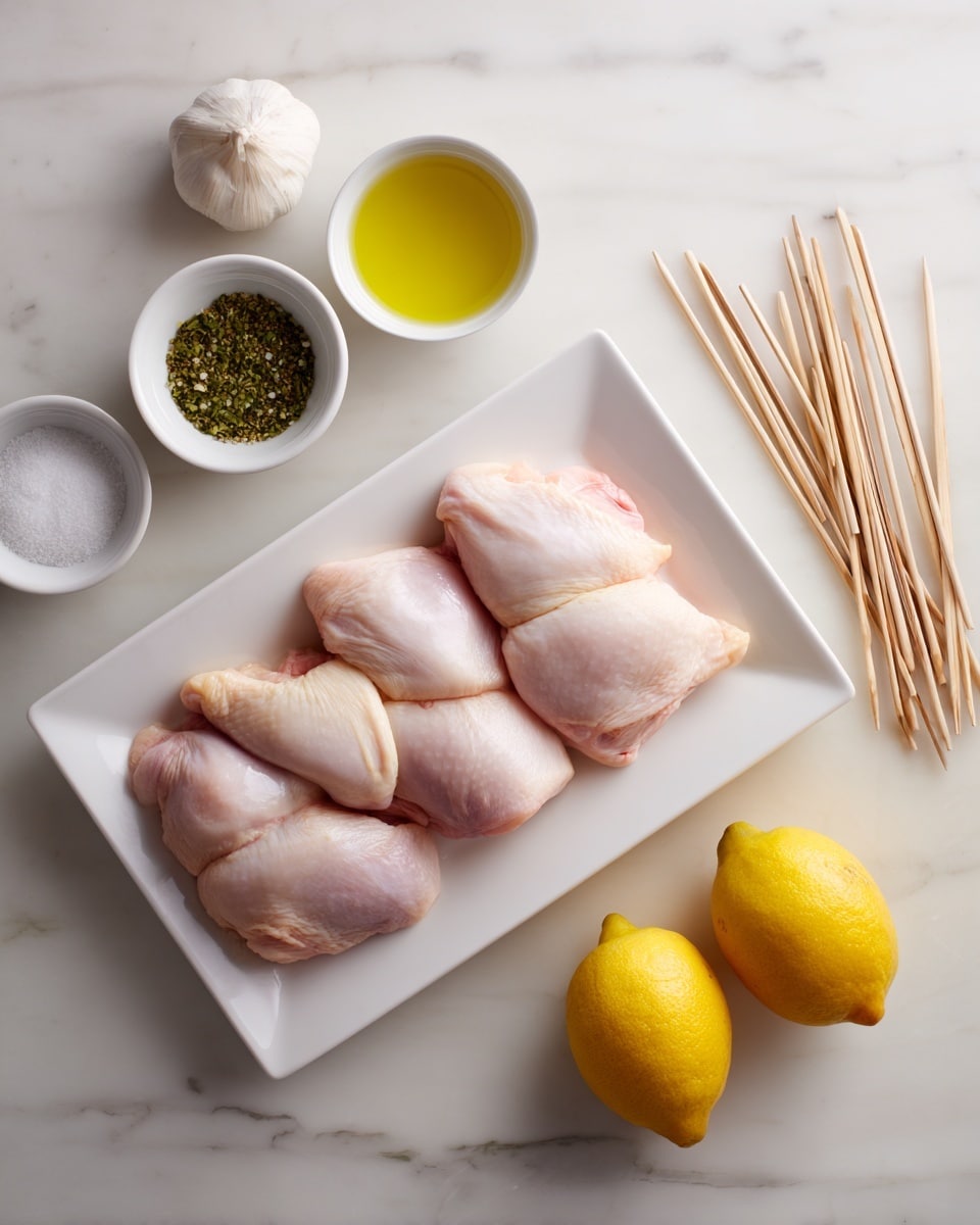 A white rectangular plate holds four raw chicken pieces neatly lined up side by side, showing smooth and pale pink skin. To the left of the plate, there are three small white bowls stacked, containing a green herb mix, a yellowish liquid (likely oil), and a white granular substance, probably seasoning. Near the top left corner, a whole garlic bulb sits alone. To the right side of the chicken plate, a row of long, thin wooden skewers lie parallel to each other. At the bottom right corner, two whole yellow lemons are placed close together. The whole scene is set on a white marbled surface, creating a clean and fresh look. photo taken with an iphone --ar 4:5 --v 7