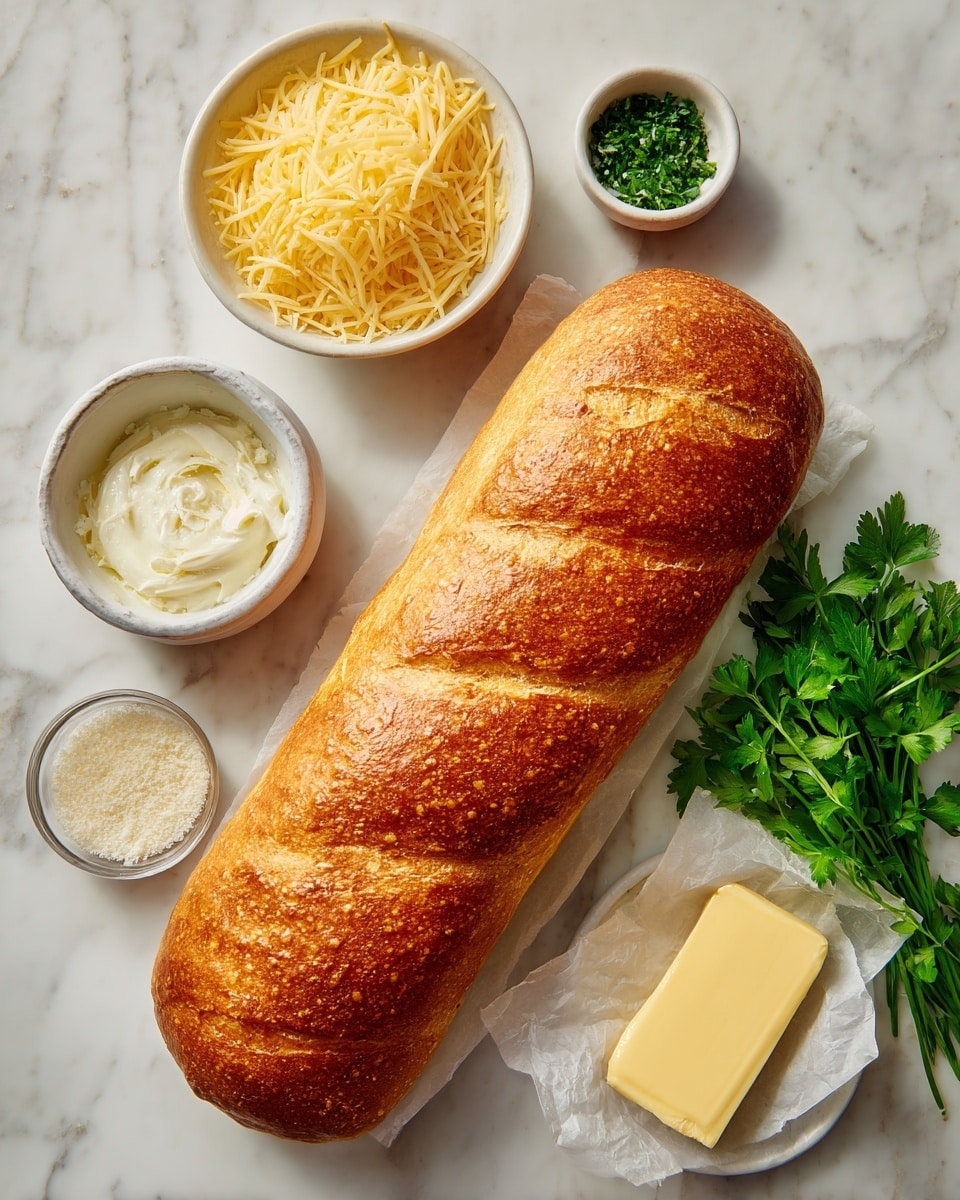 The image shows a long loaf of golden brown bread with a textured crust placed on a white marbled surface. Nearby, there are three small white bowls; the largest one is filled with shredded cheese, the middle one contains a creamy white spread, and the smallest has grated cheese or a fine powder. A stick of pale yellow butter wrapped in paper is also on the surface, along with a small bunch of fresh green parsley. The photo taken with an iphone --ar 4:5 --v 7