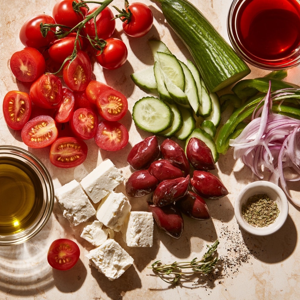A white oval dish holds five separate layers of fresh salad ingredients arranged side by side, sitting on a white marbled surface. On the left, there are bright red cherry tomatoes, halved and shiny. Next to them are long thin slices of green bell pepper, fresh and crisp. In the center, there are thin slices of purple and white onion with a light coating of black pepper. To the right, there is a neat row of thinly sliced cucumber rounds with visible seeds and green skin. At the bottom, dark purple and brown olives with a glossy look fill the last section of the dish. photo taken with an iphone --ar 4:5 --v 7