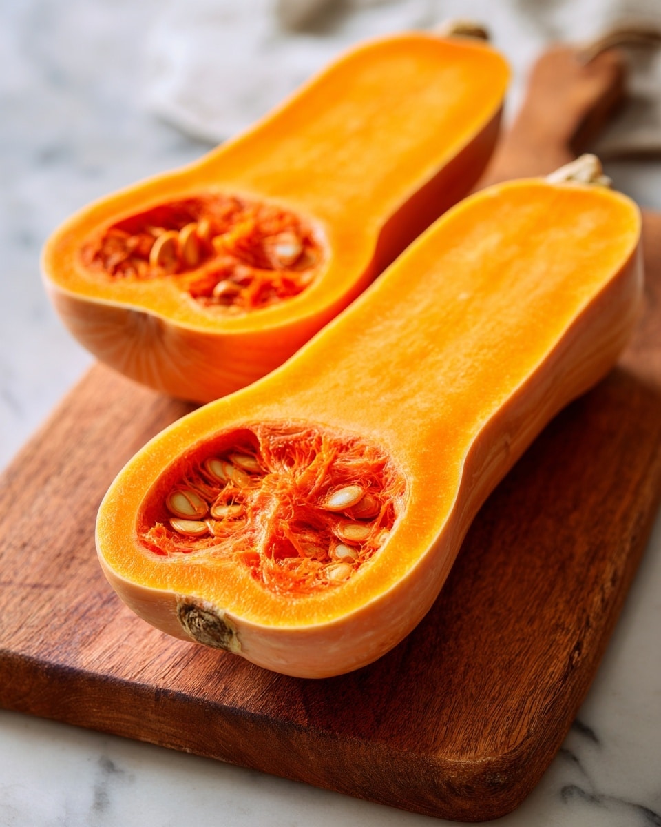 The image shows a bright orange butternut squash cut in half lengthwise, placed on a wooden cutting board. The squash has two layers visible: the smooth, pale orange skin on the outside and the rich, deeper orange flesh inside with seeds in the hollow center. The background is a soft white marbled surface, with blurred objects in the backdrop. The scene is lit by natural light highlighting the texture of the squash and the wood grain of the board. photo taken with an iphone --ar 4:5 --v 7