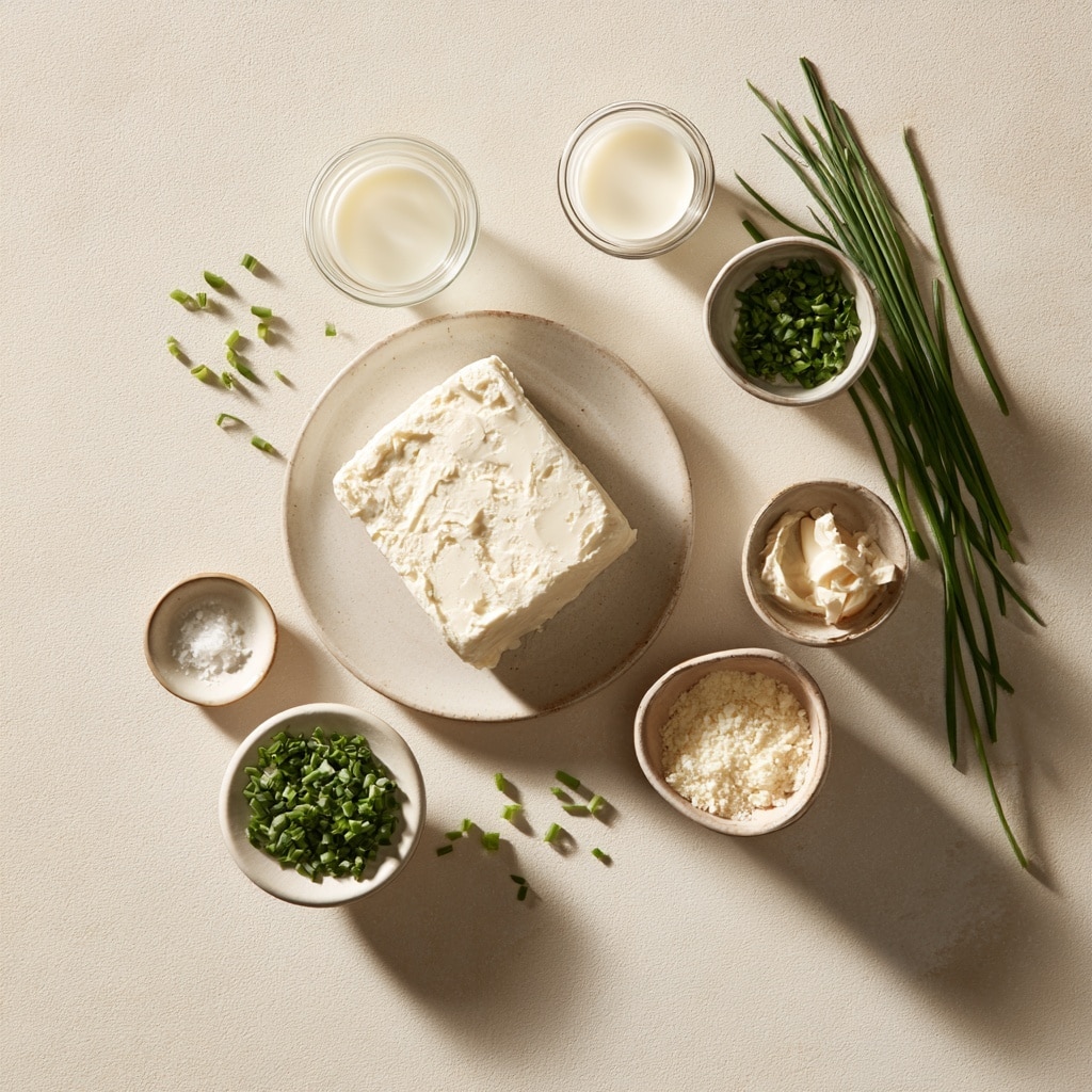 Inside a large metal bowl, there is one main layer of creamy white mixture with a smooth texture spread at the bottom center. On top of this, there is a pile of chopped bright green herbs, likely chives, finely scattered. Next to the herbs, there is a small heap of pale pinkish-orange flakes and a light sprinkling of white salt crystals. The bowl's inner surface reflects light softly, giving it a shiny look, and the background shows a white marbled texture. photo taken with an iphone --ar 4:5 --v 7