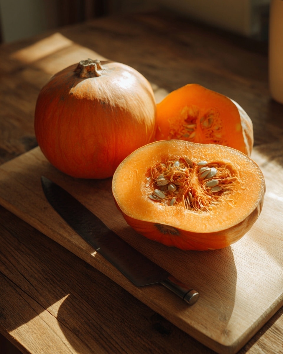 The image shows a wooden table with a medium-sized orange pumpkin whole on the left bottom, and its top lid removed and placed on the right side, exposing the orange flesh and fibrous seeds inside. The pumpkin is cut in half, with one half sitting on a light brown wooden cutting board, revealing the rough textured interior with seeds and stringy fibers. A large knife with a dark handle is placed diagonally on the cutting board between the pumpkin half and the whole pumpkin. The setting has warm natural lighting. Photo taken with an iphone --ar 4:5 --v 7