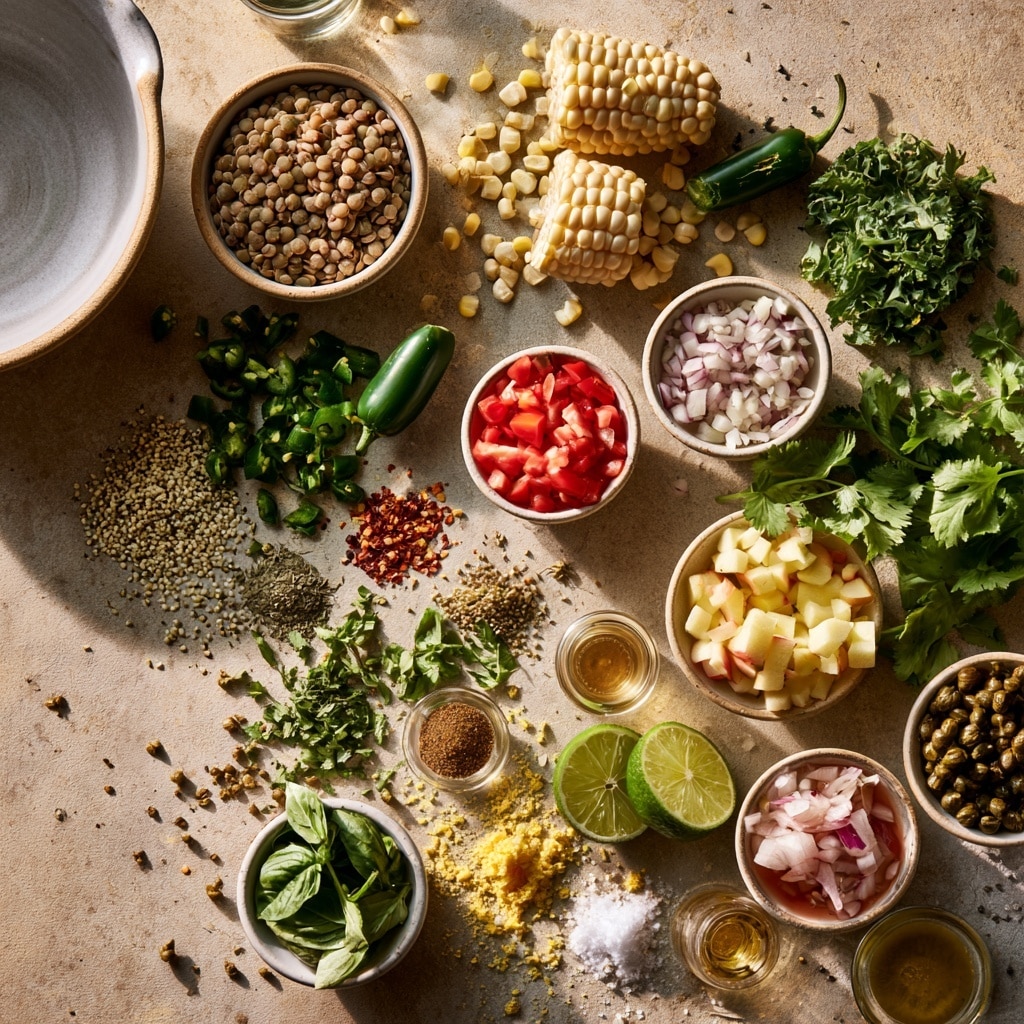 A wooden bowl filled with seven different layers of fresh ingredients, each in its own section. Starting from the bottom left, there are small diced pieces of red onion in pale purple and white, next to cucumber chunks in light green with darker green skin. Beside the cucumber, grilled corn pieces with black char marks and bright yellow kernels sit in a pile. Above the corn is a layer of small green diced peppers. Next to the peppers, cooked lentils in light brown fill a section beside bright red, chopped cherry tomatoes. At the top, there is a mix of chopped dark green leafy greens and cilantro, with a smaller mound of finely chopped cilantro in the center. The bowl sits on a white marbled surface. Photo taken with an iphone --ar 4:5 --v 7