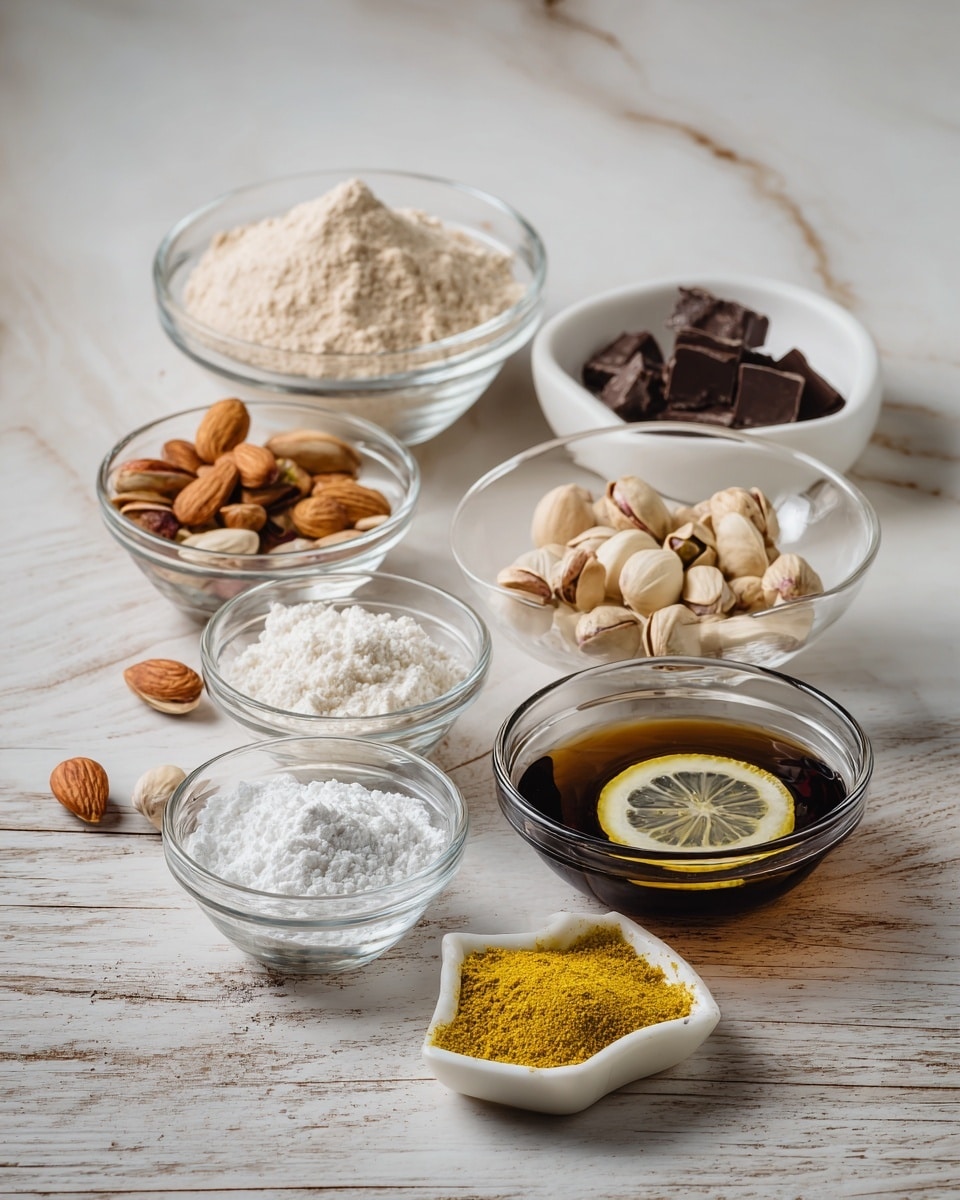 The image shows seven small bowls with different ingredients arranged on a wooden surface. At the back left, there is a clear glass bowl filled with a light beige powder. Next to it on the right, a white bowl holds some dark brown pieces. In front of that, another white bowl contains a mix of whole nuts including pistachios and almonds. At the front left, a small clear glass bowl has white powder, beside it is another clear bowl with a white soft substance, and next to that is a clear bowl with more white powder. In the front right, a clear bowl contains a dark liquid with a lemon slice floating on top. Finally, in front of all these bowls is a small white dish with yellow powder. All bowls are on a white marbled textured surface. Photo taken with an iphone --ar 4:5 --v 7