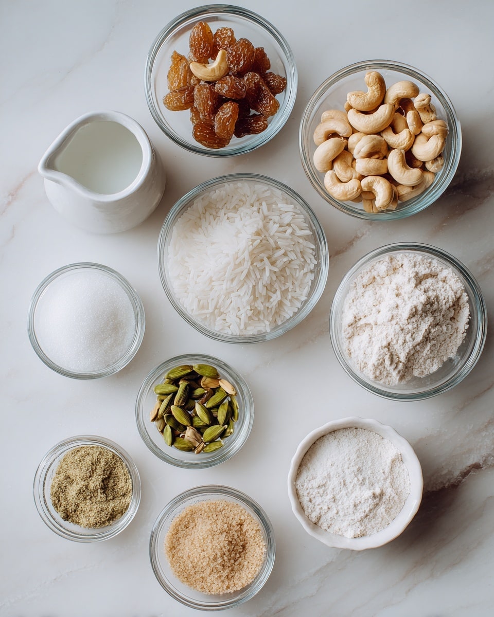 The image shows nine small clear and white bowls arranged on a white marbled surface. The center bowl holds white rice, and the top right clear bowl contains cashew nuts soaking in water. Next to it, another clear bowl is filled with white sugar. To the left, two white bowls hold cashew nuts and raisins, with a larger clear bowl of sugar beside them. Three small clear bowls at the front contain light brown powder, green cardamom pods, and a small amount of white flour. A white cream pitcher is placed in the top left corner. All bowls are neatly placed with textures ranging from smooth nuts to granular sugar and dry rice. Photo taken with an iphone --ar 4:5 --v 7