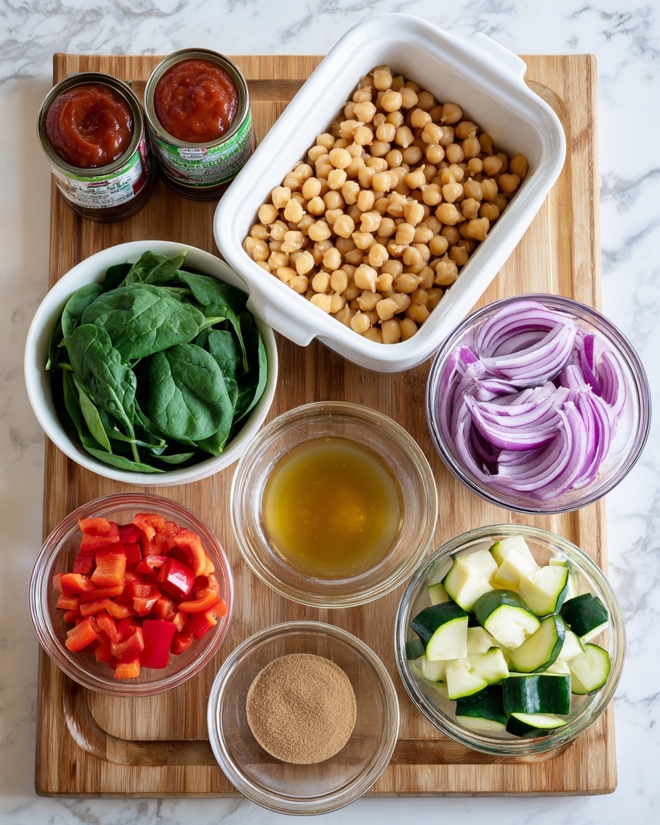 A white rectangular baking dish sits on a wooden board at the back of the image, on a white marbled countertop. In front, there are seven small clear and white bowls arranged in a loose semi-circle. The largest clear bowl in the middle holds light brown chickpeas. To the right, a clear bowl contains sliced purple onions and green zucchini pieces. Next to that, a smaller clear bowl holds a light brown powdery spice. Two more small clear bowls in front have a reddish sauce and a pale yellow liquid. To the left, a white bowl contains dark green spinach, and another white bowl holds bright red chopped bell peppers. Two cans of organic tomato sauce are placed behind the bowls on the left side. Photo taken with an iphone --ar 4:5 --v 7