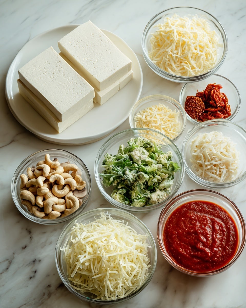 The image shows a collection of cooking ingredients arranged on a white marbled surface. On the left side, there are three large rectangular blocks of tofu stacked on a white plate. In front of the tofu, there are three small clear glass bowls filled with grated cheese, cashew nuts, and a red powder spice, respectively. Behind those are three larger bowls, two white and one clear glass, containing shredded cheese, sliced mushrooms, and chopped green leafy vegetables. Toward the right side, there are four clear glass bowls containing grated cheese, dried tomatoes, a red spice powder, and a bright red thick sauce in a larger glass container. The overall layout has ingredients neatly spaced and easy to see. Photo taken with an iphone --ar 4:5 --v 7