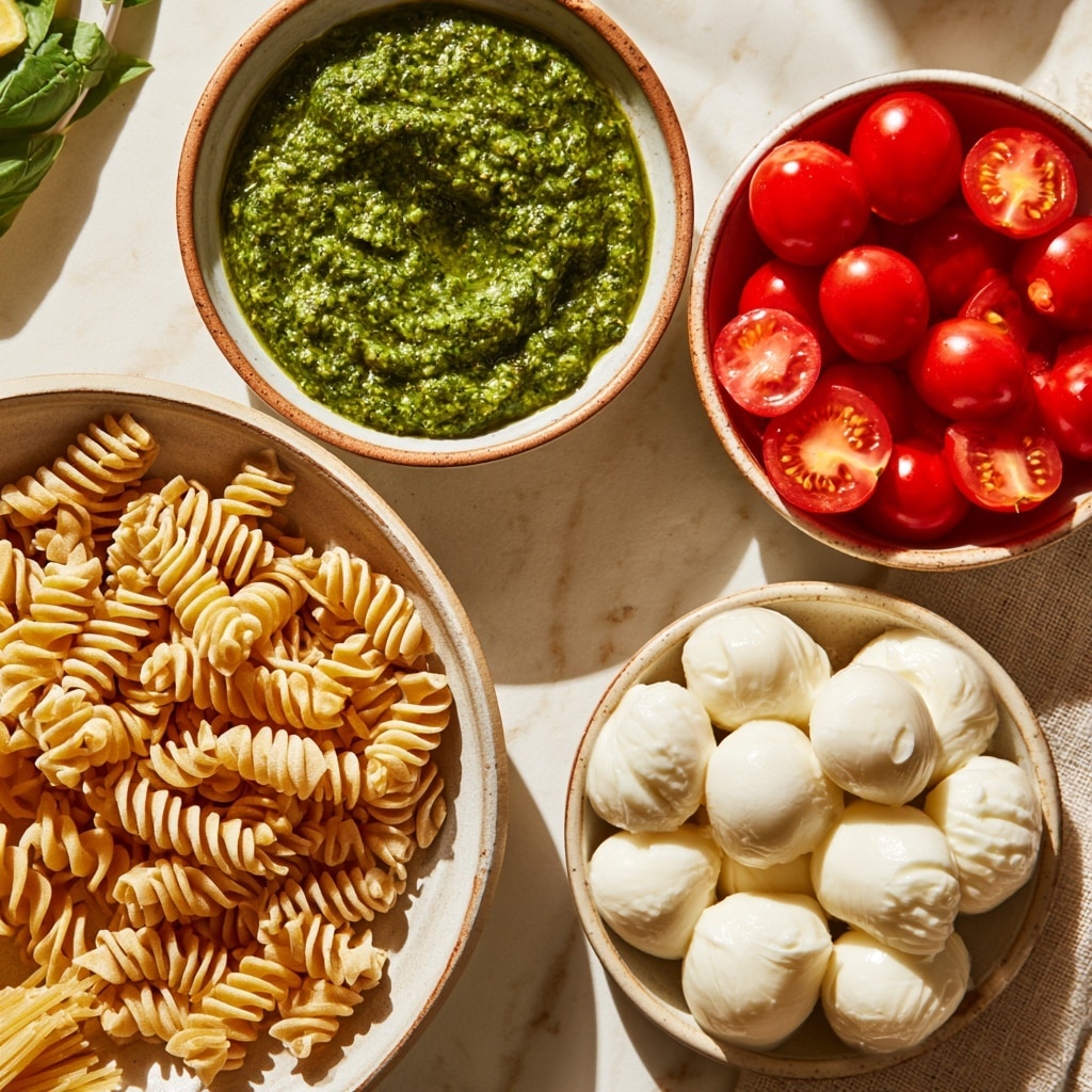 A white bowl filled with three layers of food sits on a white marbled surface with a striped cloth partially visible. The bottom layer consists of light green rotini pasta coated in pesto sauce, creating a textured spiral pattern. Scattered evenly throughout the pasta are small, round white mozzarella balls adding a smooth texture contrast. Bright red cherry tomato halves are mixed in, providing a pop of color and a juicy, glossy surface. The dish looks fresh and vibrant with the colors yellow-green, white, and red all distributed calmly across the bowl. Photo taken with an iphone --ar 4:5 --v 7