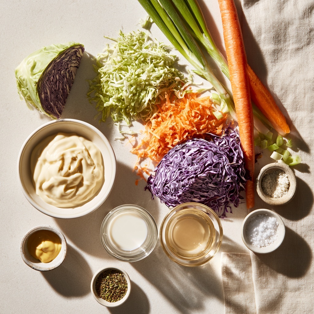 A wooden bowl filled with colorful coleslaw sits on a white marbled surface. Inside the bowl, there are three main layers: shredded green cabbage providing a light green base, thin strips of vibrant purple cabbage adding rich purple tones, and thin orange carrot strips scattered throughout. The coleslaw looks creamy and mixed evenly. A metal serving spoon with a white handle rests inside the bowl, partially covered with the coleslaw. A striped cloth napkin in grey and white lies next to the bowl. The photo taken with an iphone --ar 4:5 --v 7