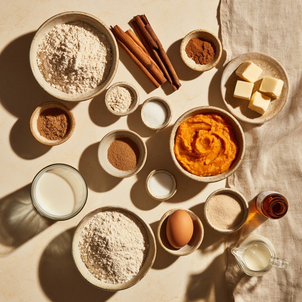 The image shows four stages of making pancakes. The first stage has a white bowl with milk, an egg yolk, and orange pumpkin puree with a white spatula inside. The second stage shows the mixture turned into a thick, light brown batter being mixed by a woman's hand whisk in the same white bowl. The third stage has three small, golden brown pancakes cooking in a dark pan, with a black spatula lifting one. The last stage shows three cooked pancakes stacked on a white speckled plate, topped with a dollop of white butter and syrup dripping down, with two sausage links on the side and a gold fork nearby, all placed on a white marbled surface. photo taken with an iphone --ar 4:5 --v 7