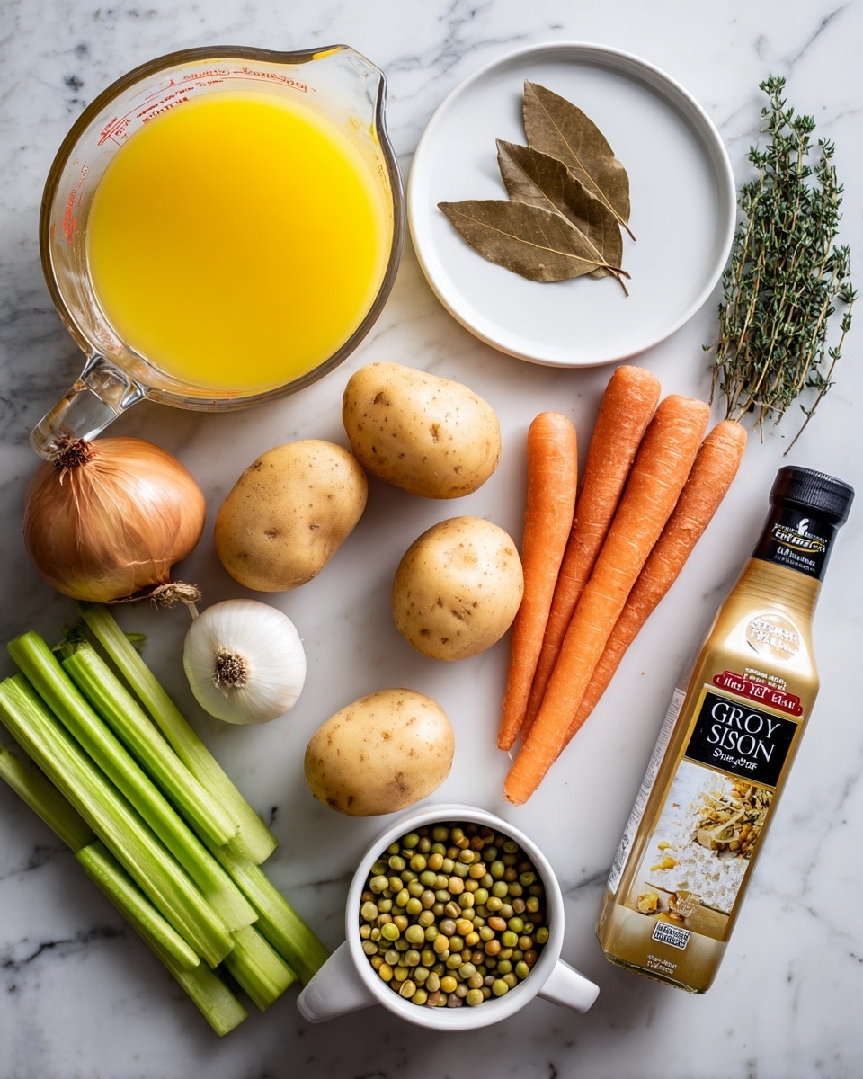 The image shows ingredients for a soup laid out on a white marbled surface. At the top left, there is a clear glass measuring cup filled with bright yellow broth. Next to it on the right, some green thyme sprigs rest close to a white plate holding two brown bay leaves. Two orange carrots and a white garlic bulb are also placed near the bay leaves. Below the broth, a white mug is full of green split peas. Near the mug, two light brown potatoes and a yellow onion with a papery skin are arranged. On the left side, three celery stalks lie next to a bottle of liquid smoke with a white and red label. The colors are natural and fresh, with a mix of greens, yellows, oranges, and browns, all arranged neatly without overlapping. photo taken with an iphone --ar 4:5 --v 7