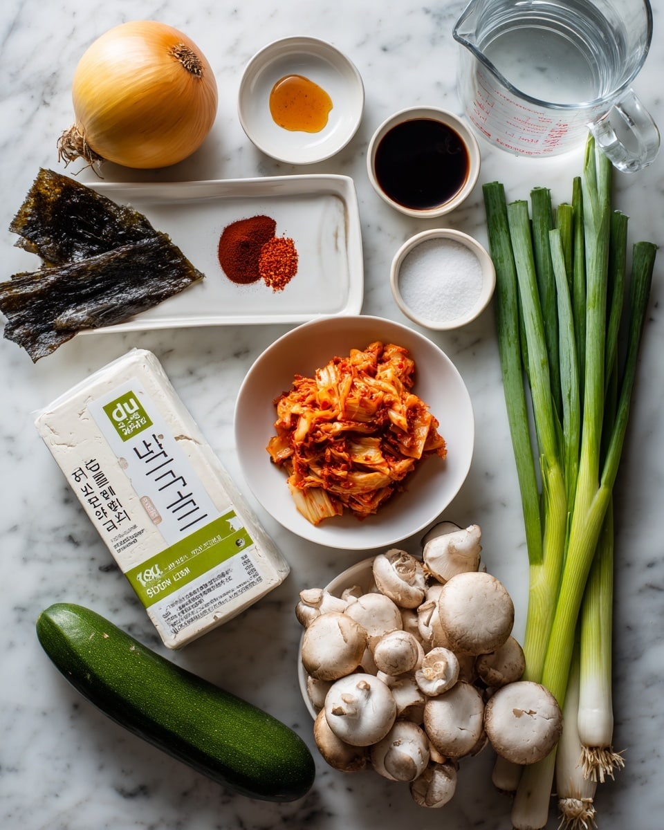 The image shows various cooking ingredients neatly arranged on a white marbled surface. In the center is a pack of soft tofu with a green and white label. Above it is a white bowl filled with chopped kimchi, showing bright red and orange colors. Surrounding the bowl and tofu are small white dishes with different contents: dark soy sauce, white powdery starch, amber-colored liquid, red chili flakes, and a few dried mushrooms. Fresh vegetables include a whole yellow onion, a zucchini, white beech mushrooms on a white tray, and several green scallions. A garlic bulb and a piece of dark dried seaweed are placed on the left side, while a clear glass measuring cup with water is in the upper right corner. The overall arrangement is clean and colorful. photo taken with an iphone --ar 4:5 --v 7