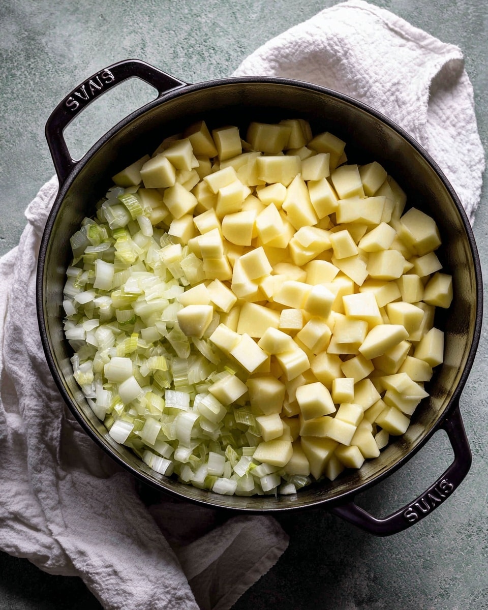 A black Staub pot filled with two visible layers: the bottom layer consists of small chopped onions that look soft and cooked, while the top layer is made up of evenly cut, pale yellow potato cubes spread evenly above the onions. The pot is placed on a green textured surface with a white cloth napkin loosely folded next to it photo taken with an iphone --ar 4:5 --v 7