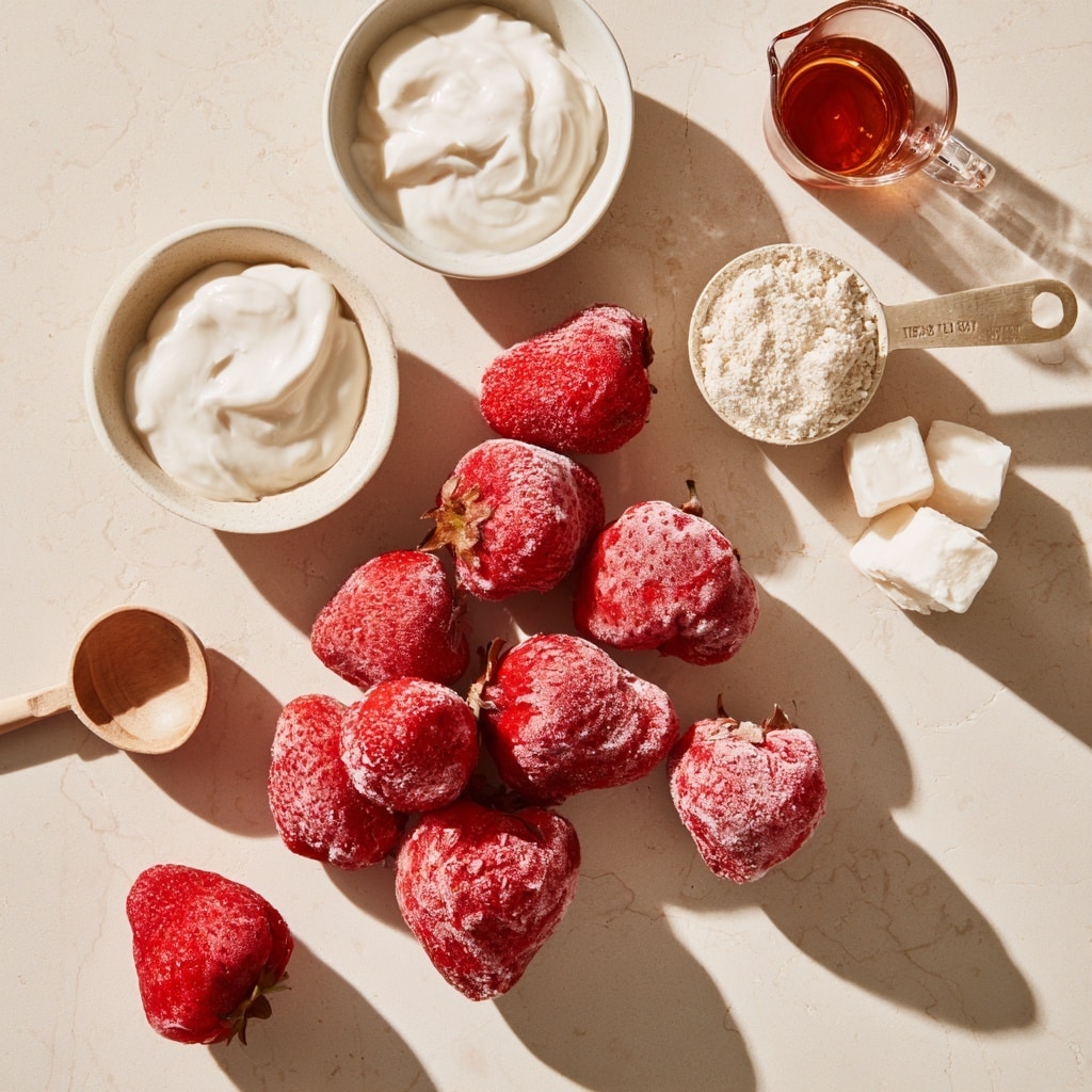 A white bowl filled with a mix of bright red strawberries and small white cream dollops, with a few strawberries showing a light frost covering. The strawberries are fresh and vibrant, some whole and some sliced in half, showing their juicy inside. The white cream has a smooth and soft texture, arranged evenly among the strawberries. The bowl sits on a white marbled surface. photo taken with an iphone --ar 4:5 --v 7