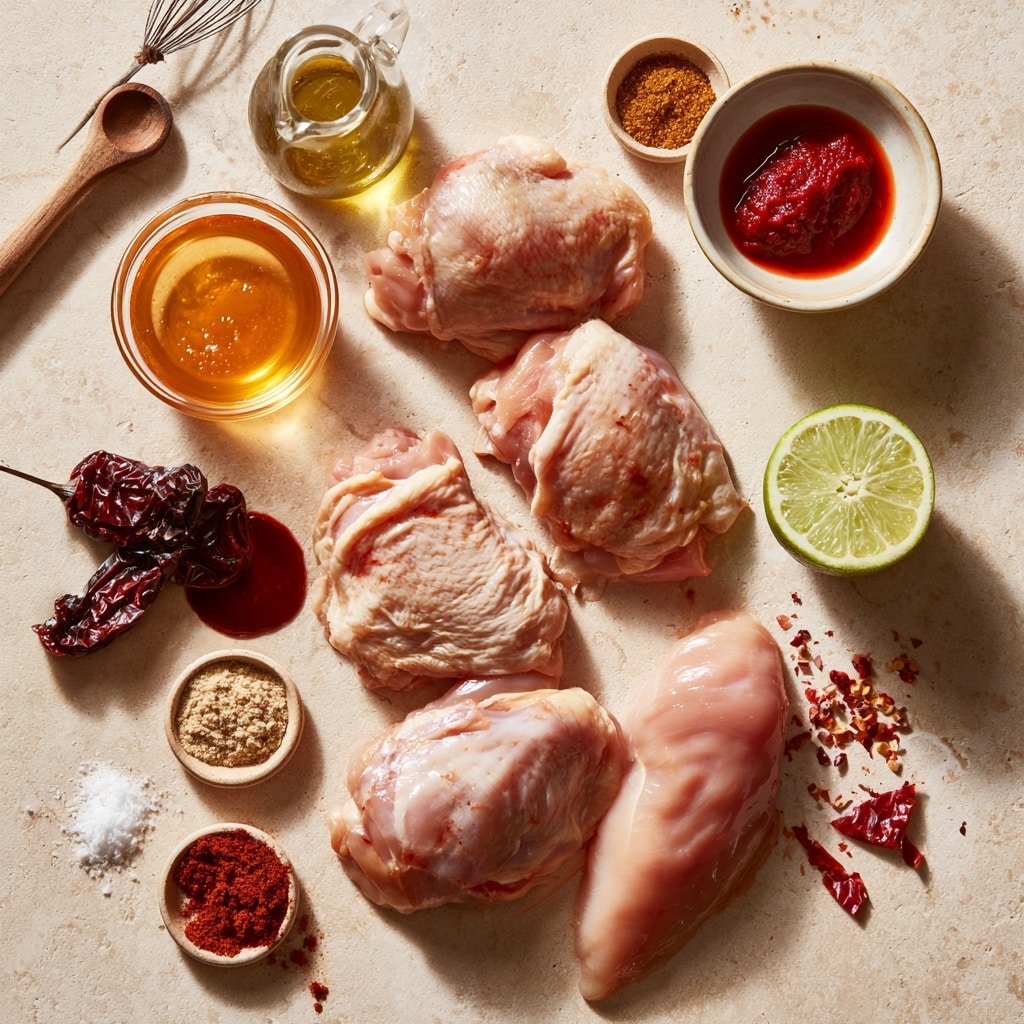 The images show four steps of making grilled chicken thighs: first, a clear glass bowl with brown marinade being whisked by a woman's hand, with small white bowls of spices beside it on a wooden table with a blue striped cloth; second, the same bowl now filled with raw chicken thighs covered in the brown marinade; third, chicken pieces being grilled over black grill grates with a woman's hand brushing them with sauce using a wooden brush; fourth, a close-up of cooked grilled chicken pieces with grill marks, garnished with green herbs, all placed on a white plate on a wooden table. The background is a white marbled texture photo taken with an iphone --ar 4:5 --v 7